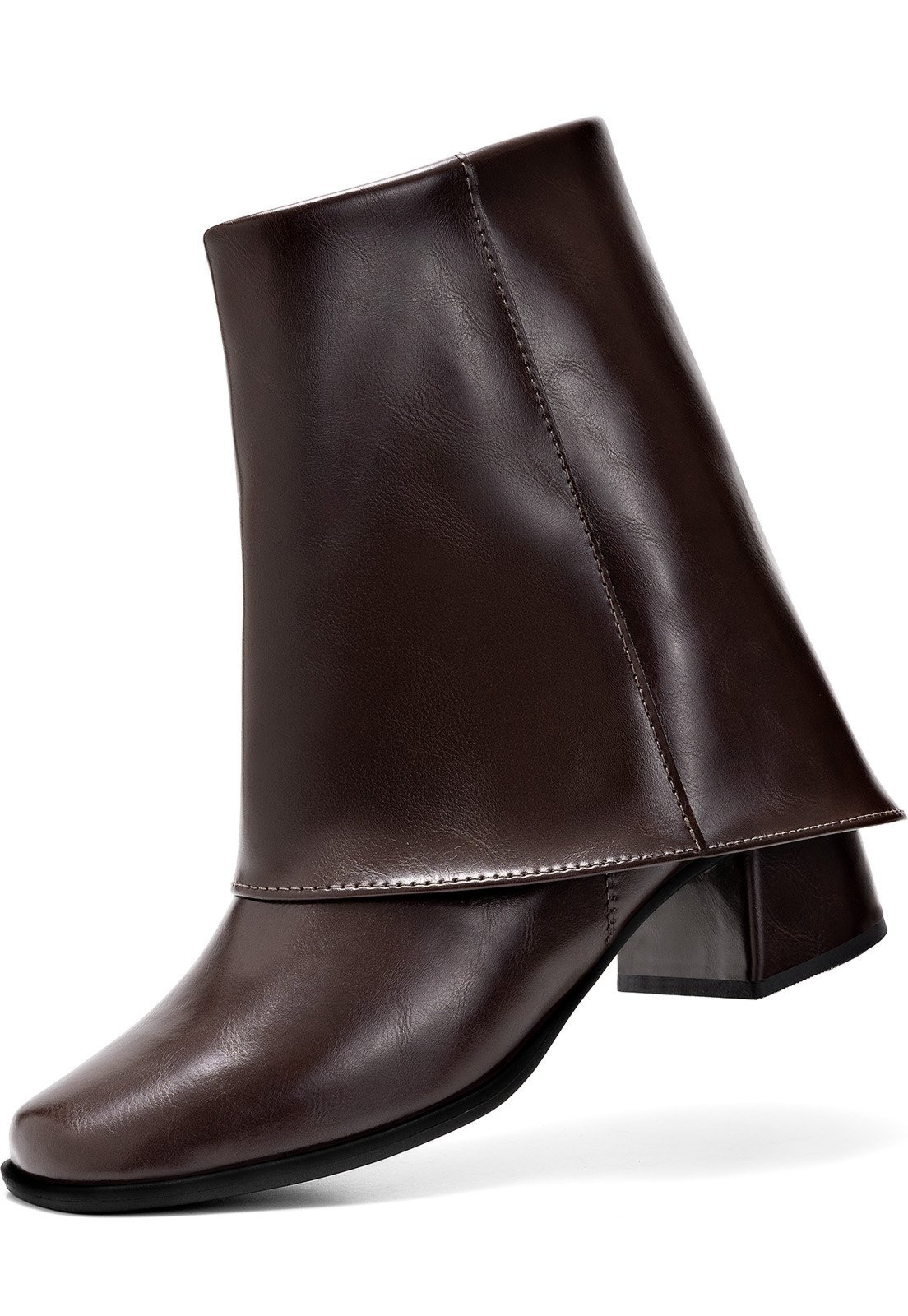 Bota Feminina Capa Lumiss Cano Curto Salto Bloco Baixo Bico Quadrado Marrom