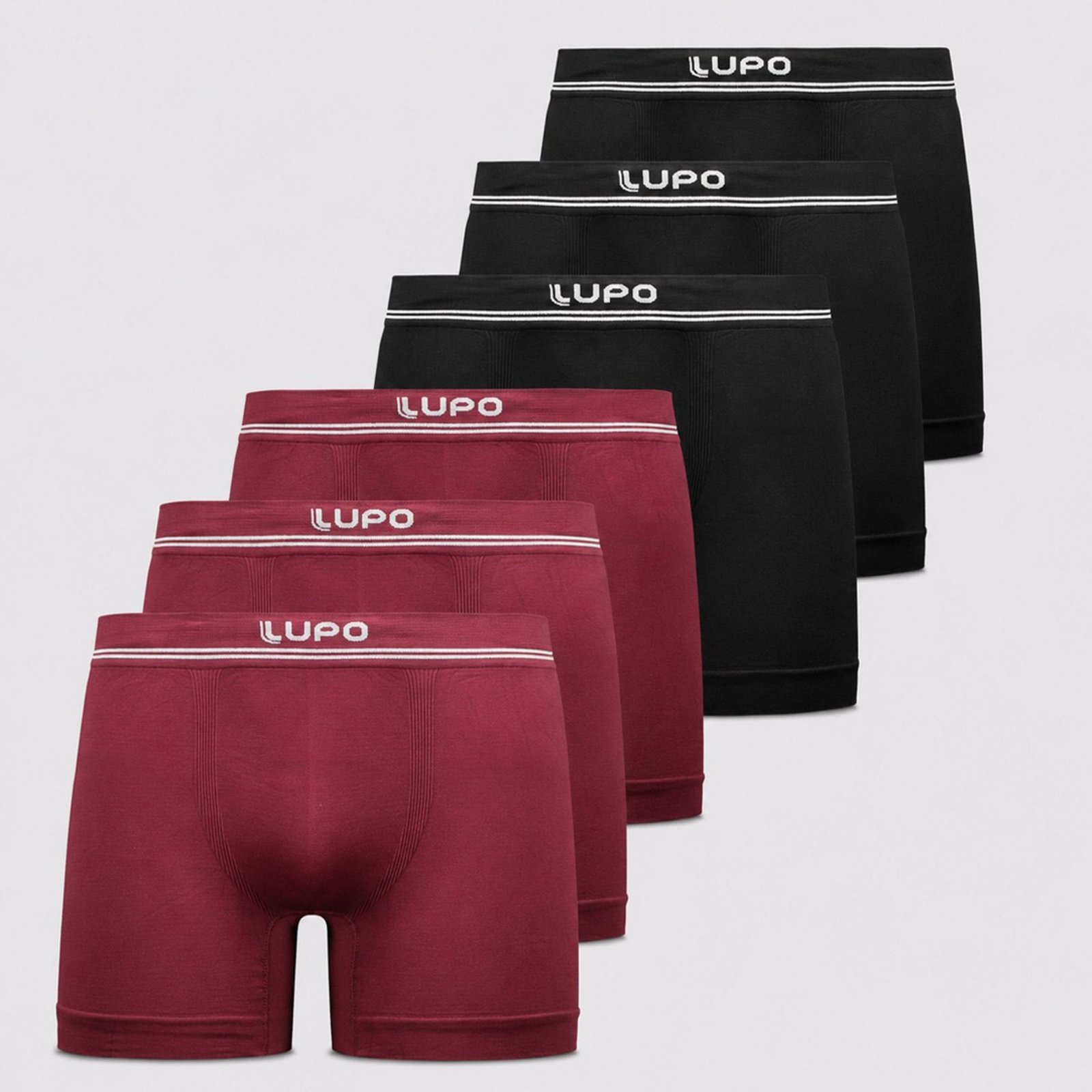 Kit 6 Cuecas Boxer Lupo Microfibra Sem Costura Preta e Bordô