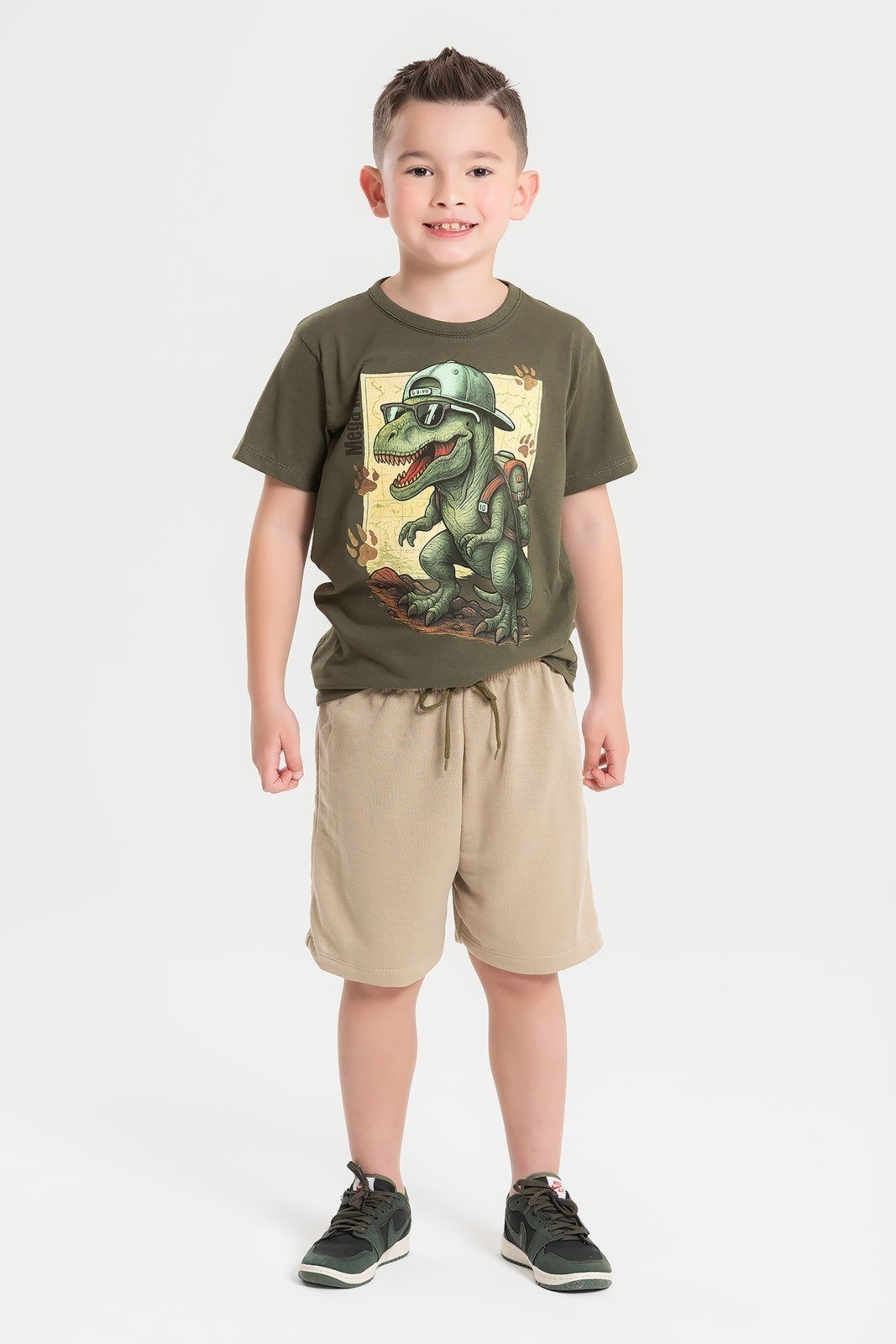 Infantil – Conjunto Verão Masculino Dino de Boné – Verde
