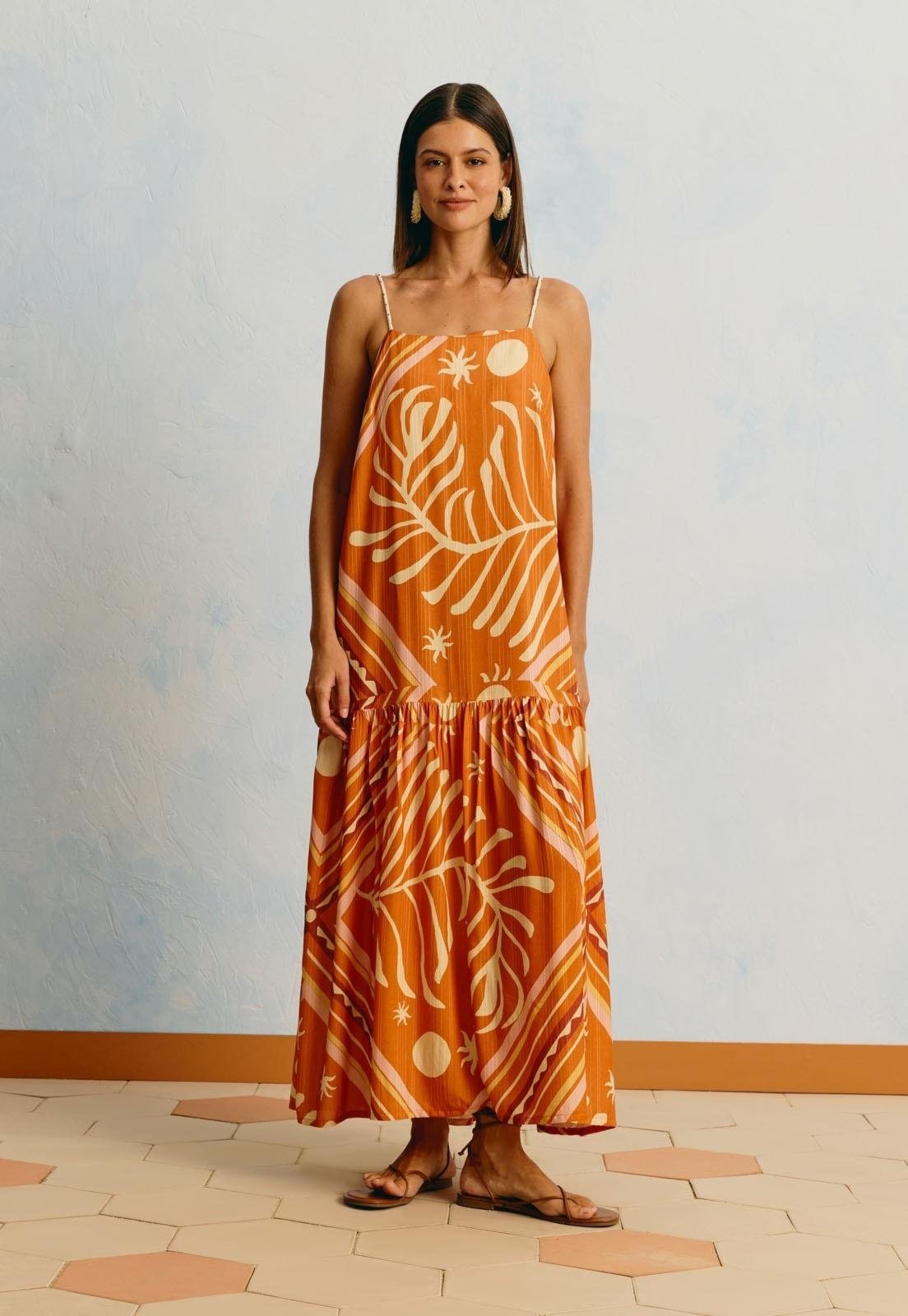 Vestido Midi Estampado Lenço Folhagem Laranja