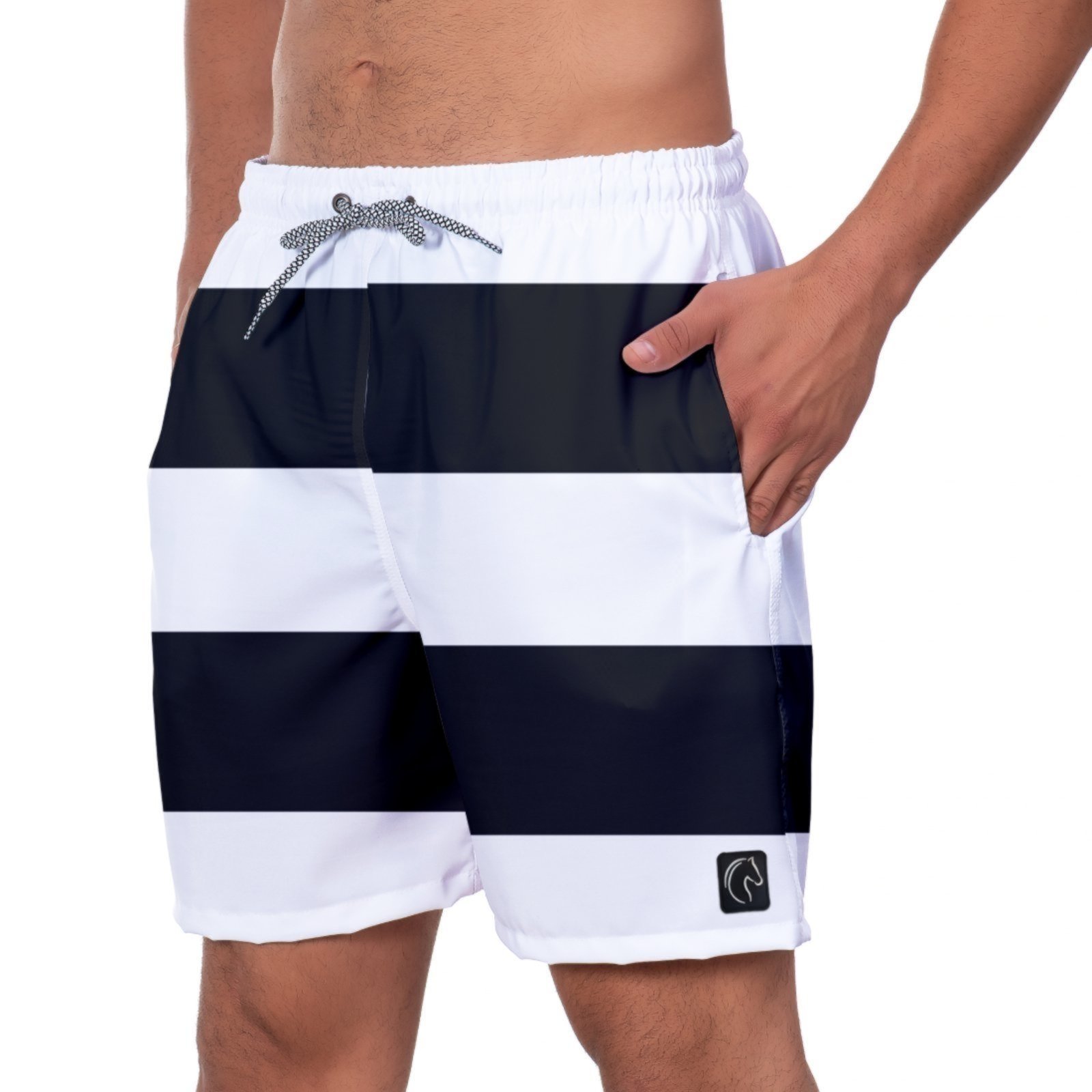 Short Masculino Tactel Secagem Rápida Com Bolsos Laterais Confortável Moda Praia Casual Treino Academia W2 Listrado Preto e Branco