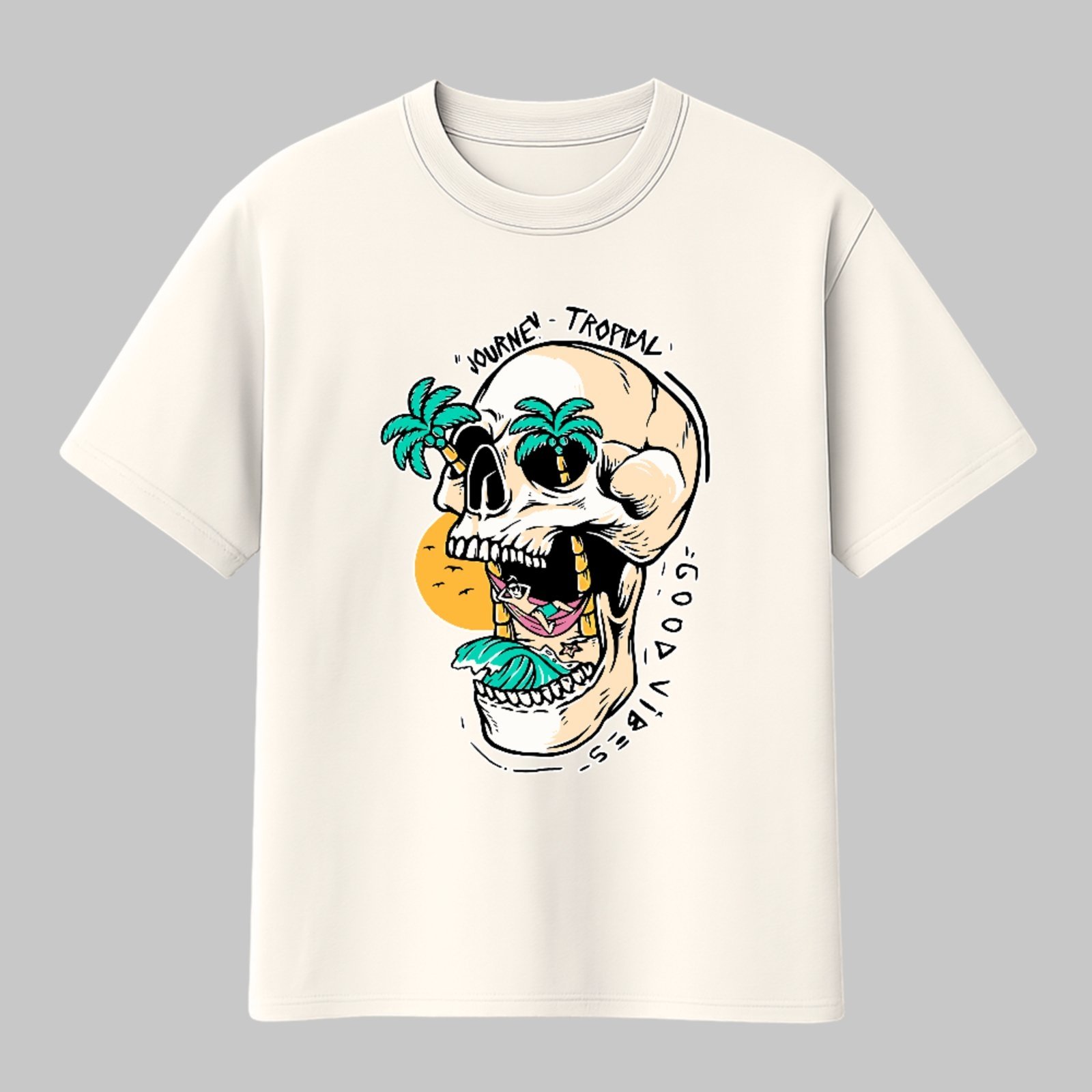 Camiseta Básica Caveira Tropical Praia Verão Streetwear Estilo Off White