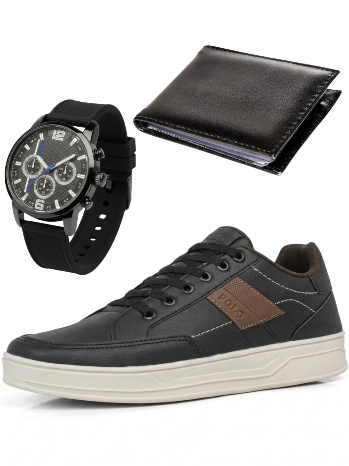 Tênis Casual Masculino Sapatofran Sapatênis Sola Sneakers com Relógio e Carteira Preto Kit