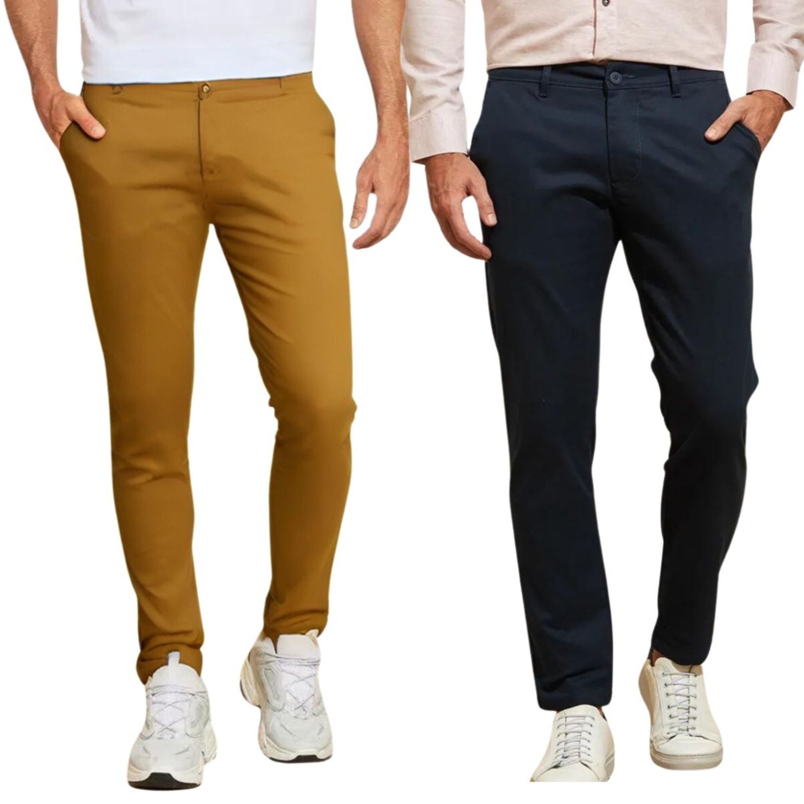 Kit 2 Calças FMF de Sarja Chino Com Bolso Traseiro Embutido Alfaiataria Skinny Marinho e Caramelo