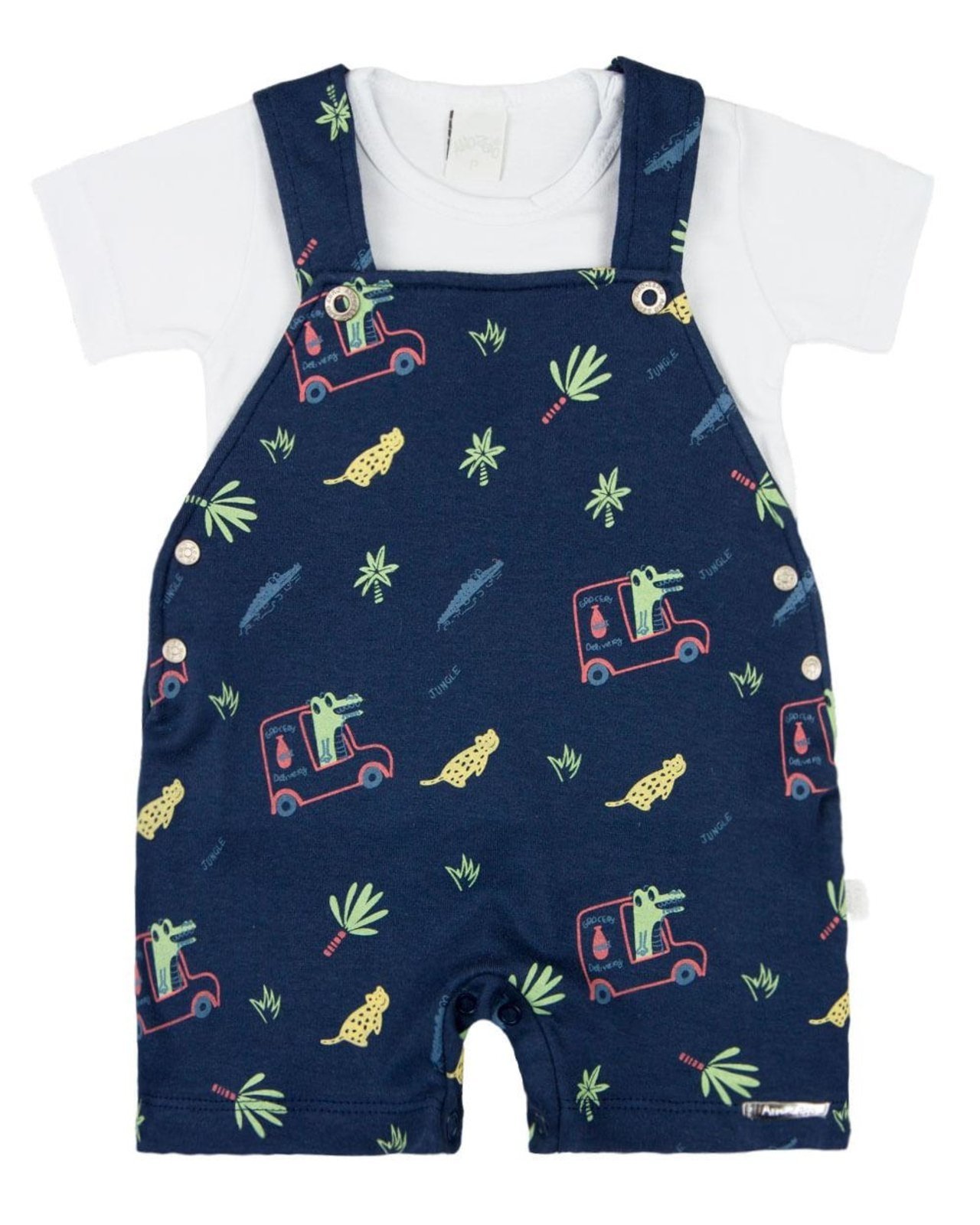 Infantil – Macacão Curto Menino Salopete Suedine Estampado Com Camiseta Jacaré e Onça – Marinho