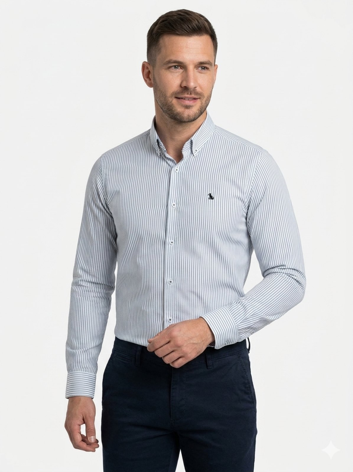 Camisa Social Amil Slim Rezon Listrada Algodão Macia Manga Longa Luxo Preto