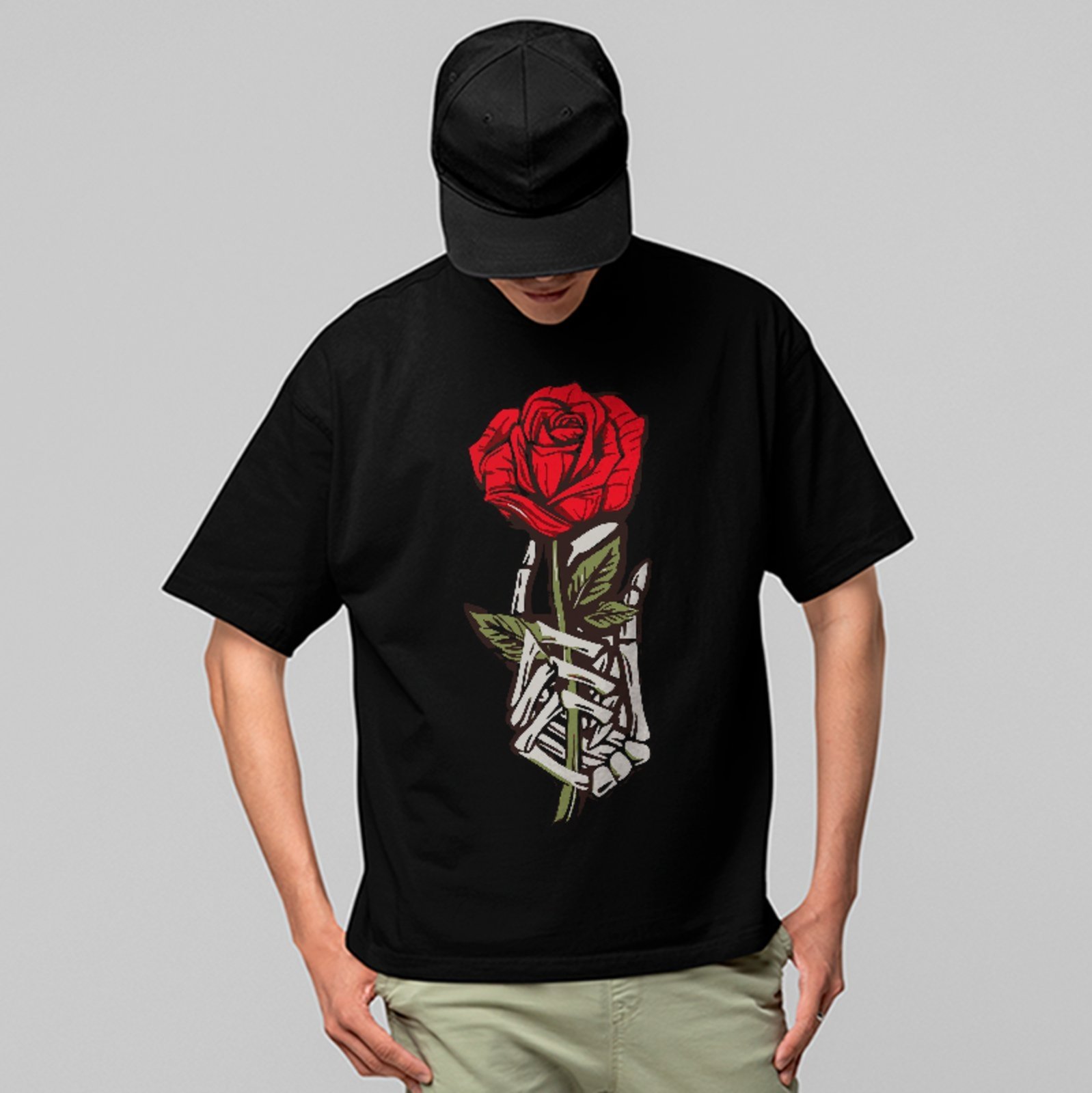 Camiseta Oversized Rosa Caveira Gothic Streetwear Unissex Preto