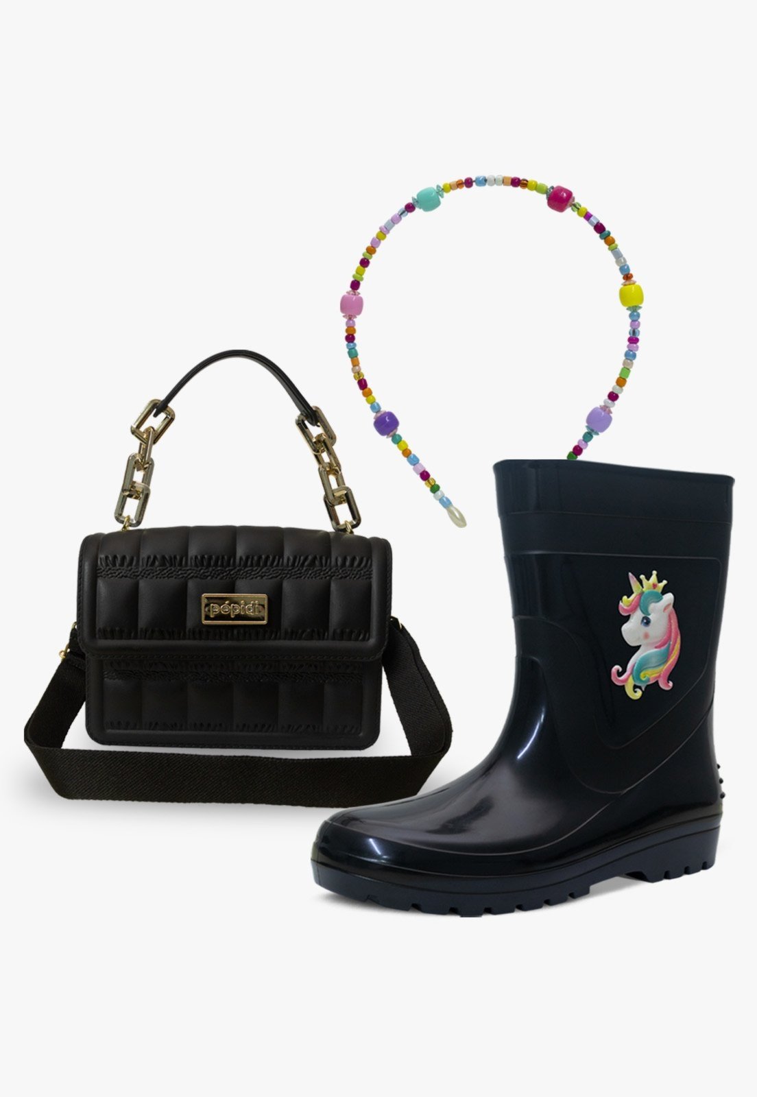 Vista 2 Infantil - Kit Galocha Unicórnio Bolsa e Tiara Colorida Pópidi preto Pópidí preto