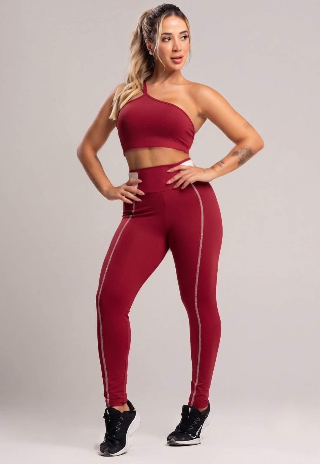 Calça Legging MVB Modas Cós Off White Cintura Alta Feminina Poliamida Cherry