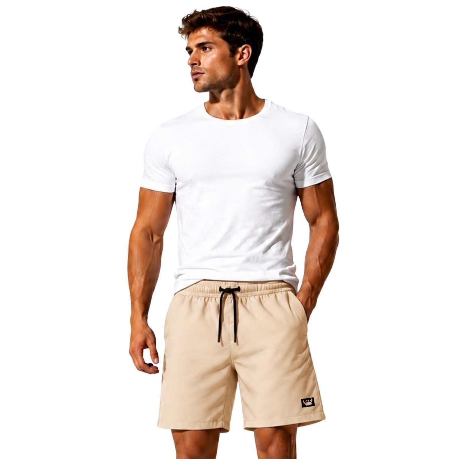 Short Masculino Tactel Leve Relexado Moda Praia Bermuda Fitnes Academia Treino Bege