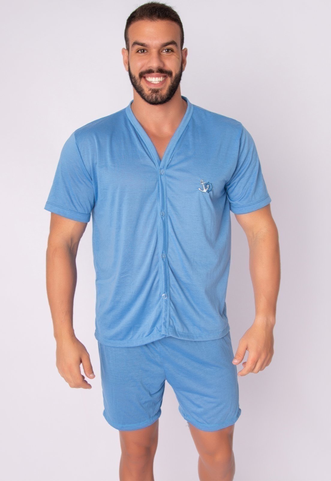 Pijama Masculino Serra e Mar Modas com Botões Pós Cirúrgico Liso Azul Claro