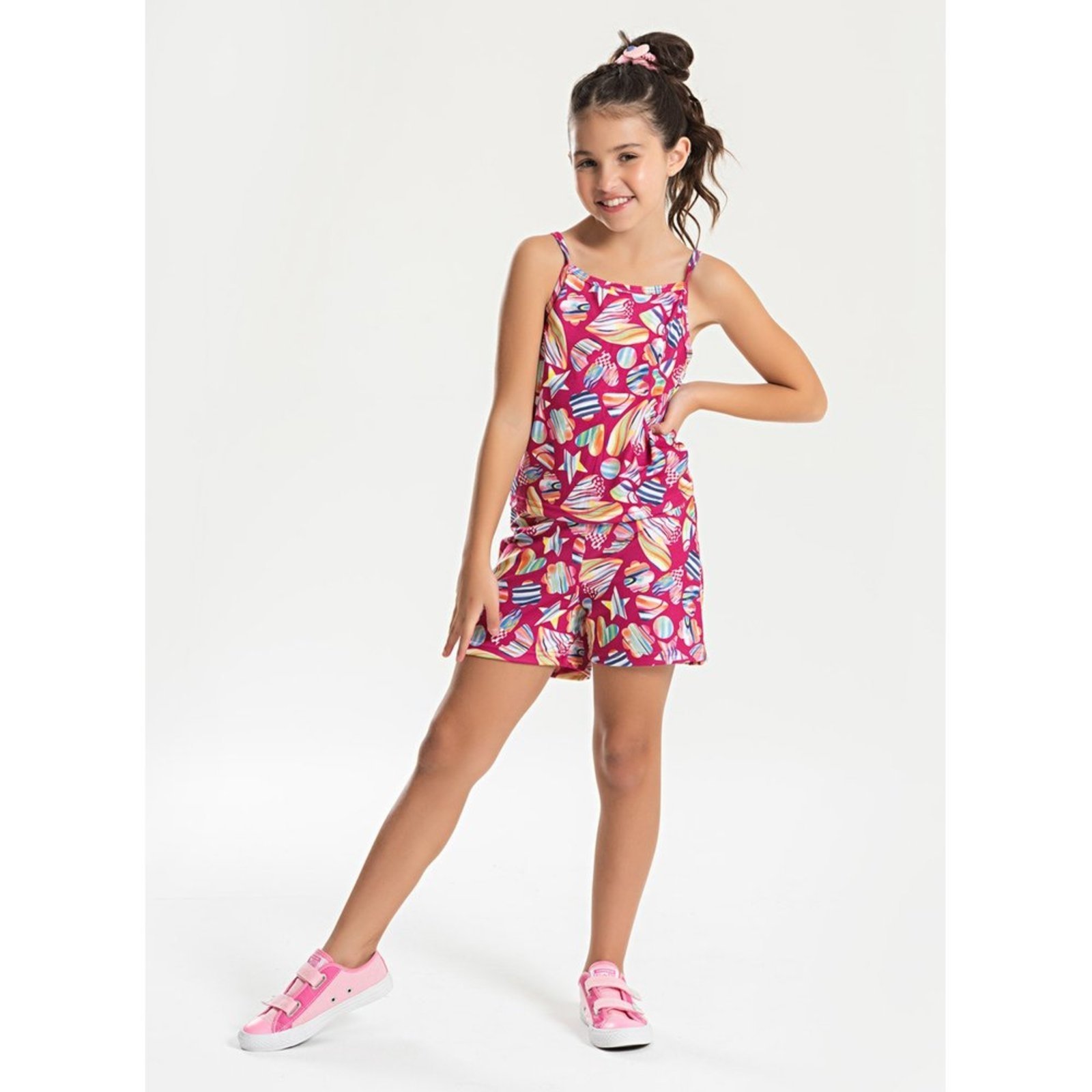 Infantil – Conjunto Verão Menina Pink Cropped Alcinha e Short Corações do Mar