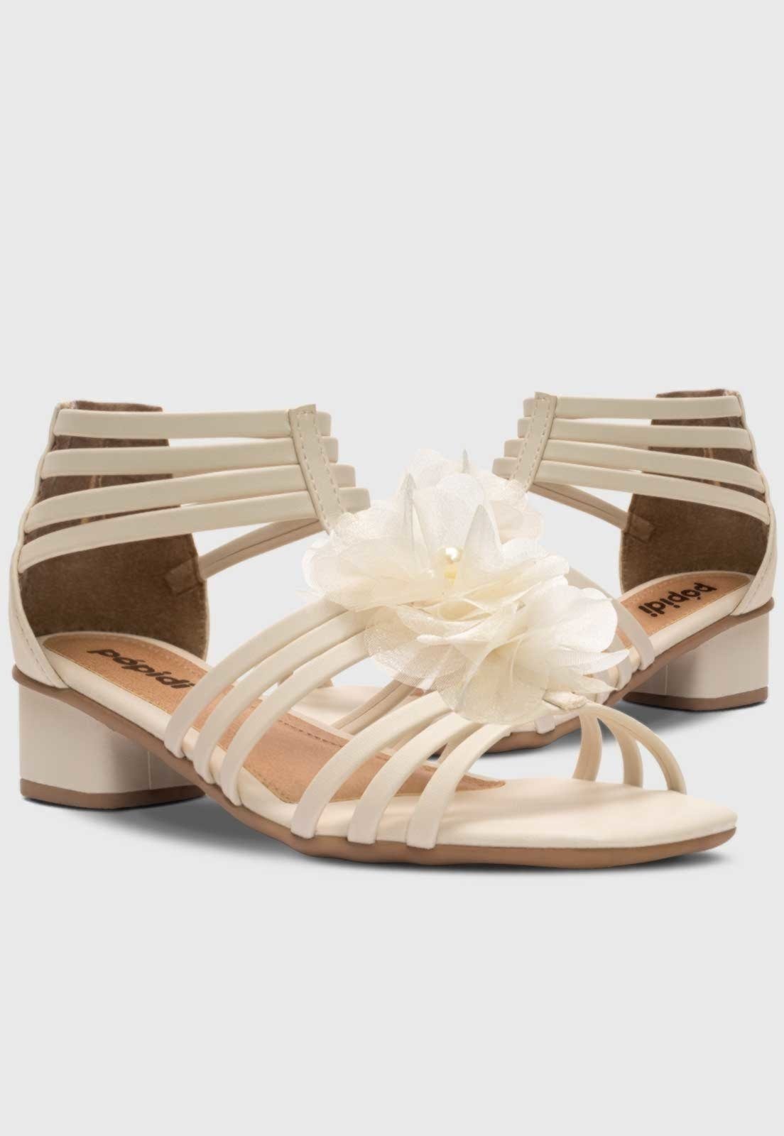 Vista 3 Infantil - Sandália Gladiadora Menina Moda Flor Pérola Salto Grosso Pópidí off-white Pópidí off-white
