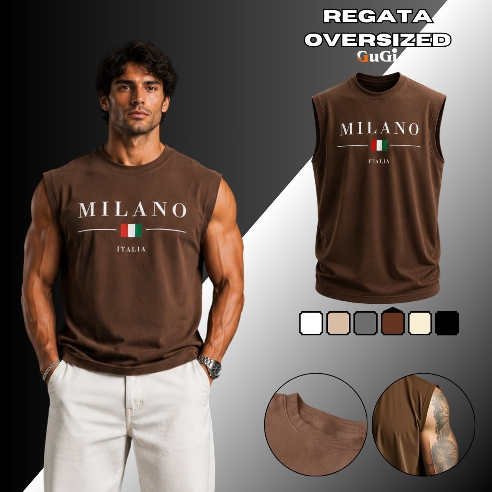 Camiseta Regata Masculina Oversized Estampada Milano Italia 100% Algodão 30.1 Marrom
