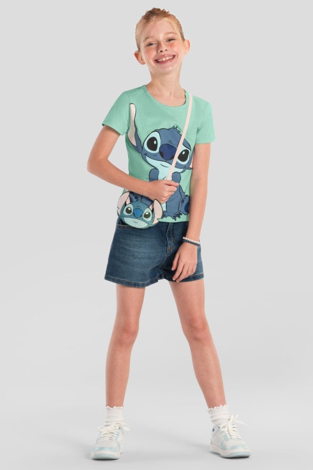 Vista 2 Infantil - Blusa menina do Stitch com bolsinha Brandili azul Brandili azul