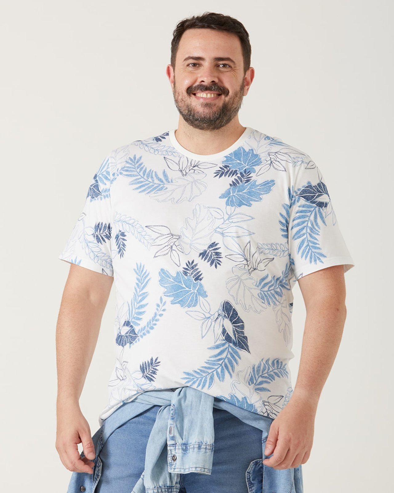 Vista 2 Camiseta Masculina Plus Size Folhagem Decote Redondo Meia Malha Malwee branco Malwee branco