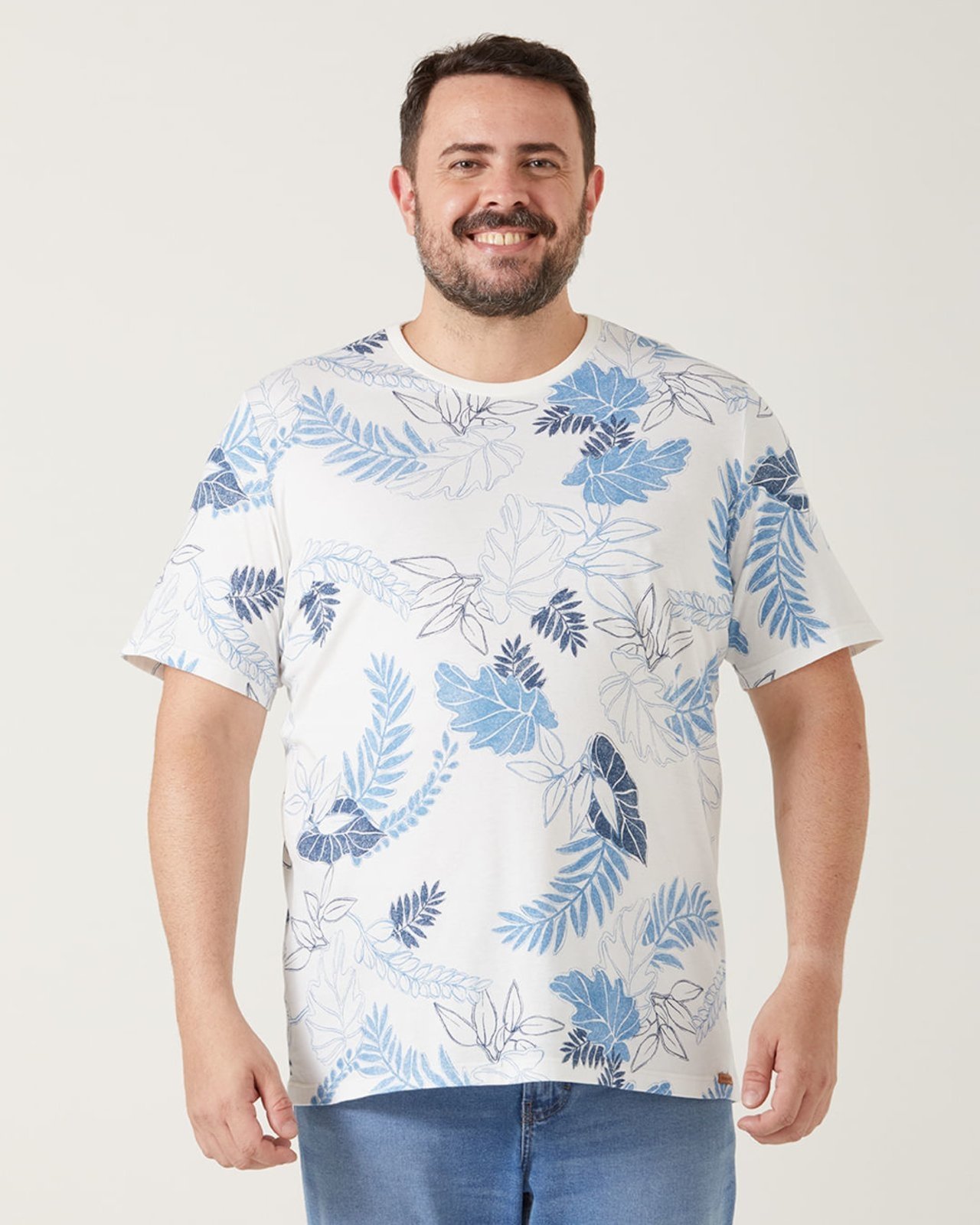 Vista 3 Camiseta Masculina Plus Size Folhagem Decote Redondo Meia Malha Malwee branco Malwee branco
