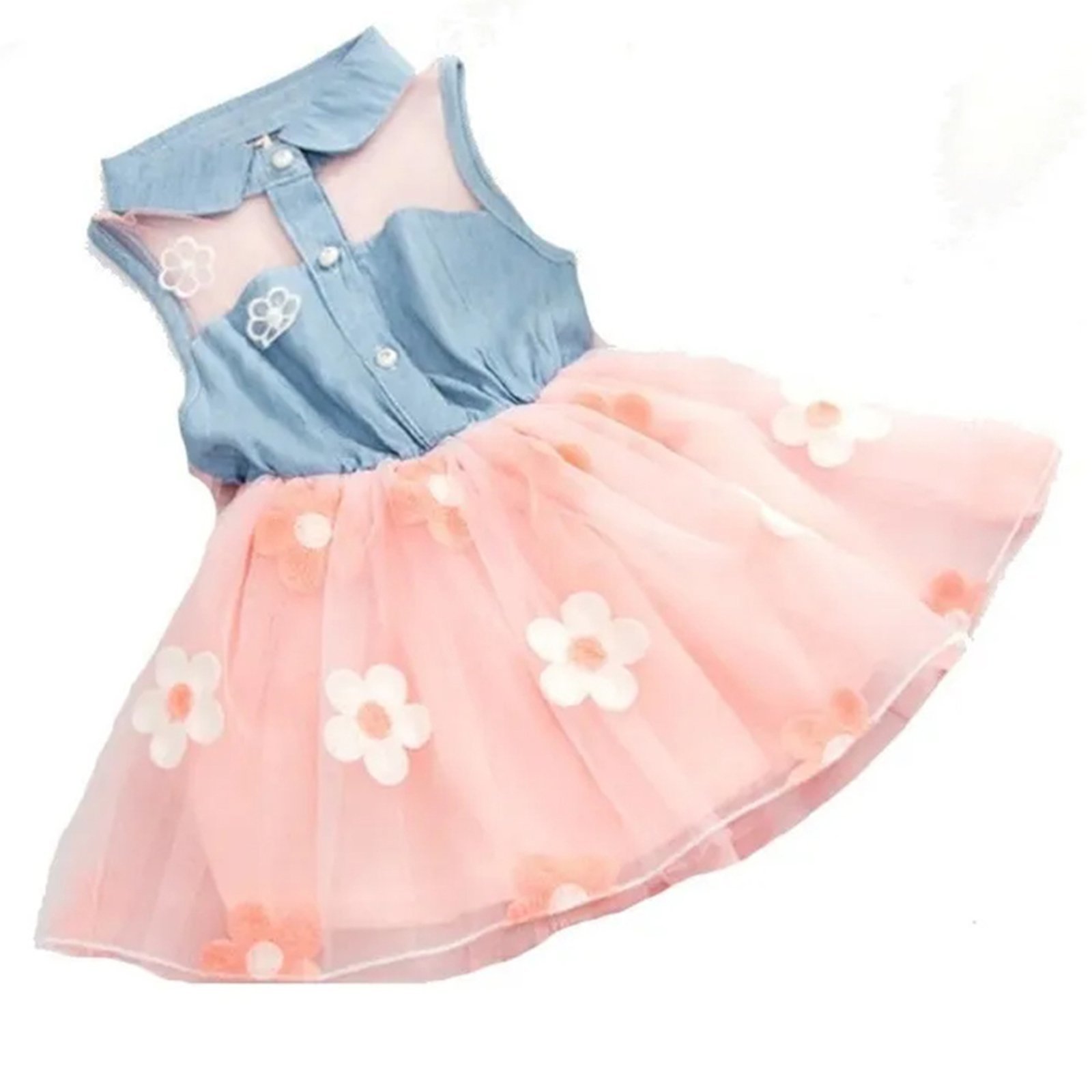 Infantil - Vestido Menina Festa De Brim Com Tule Florido