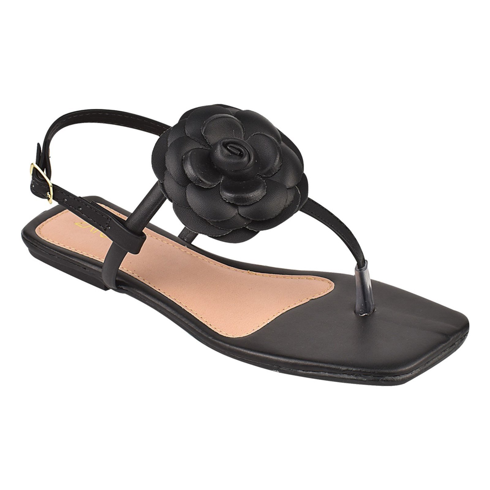 Vista 3 Sandália Rasteirinha Feminina com Fivela e Flor Leve Macia Estilo Casual Verão ZATURE STORES preto ZATURE STORES preto