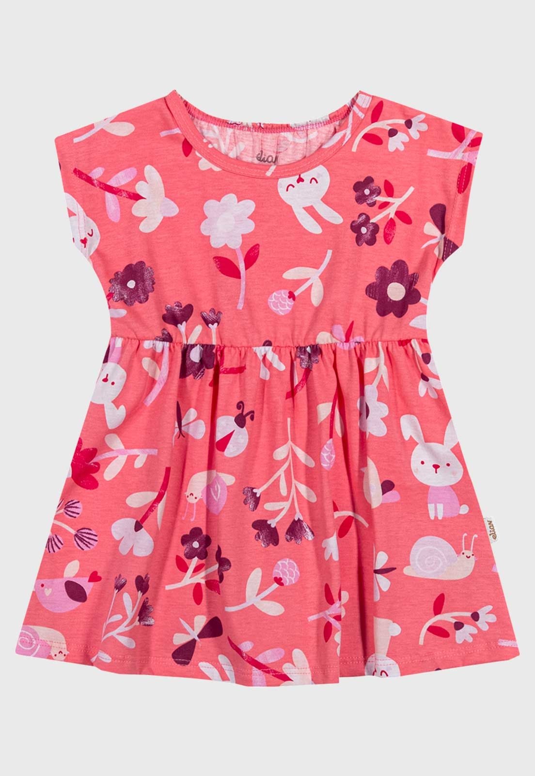Vestido Elian Estampa Floral e Coelhinhos Rosa