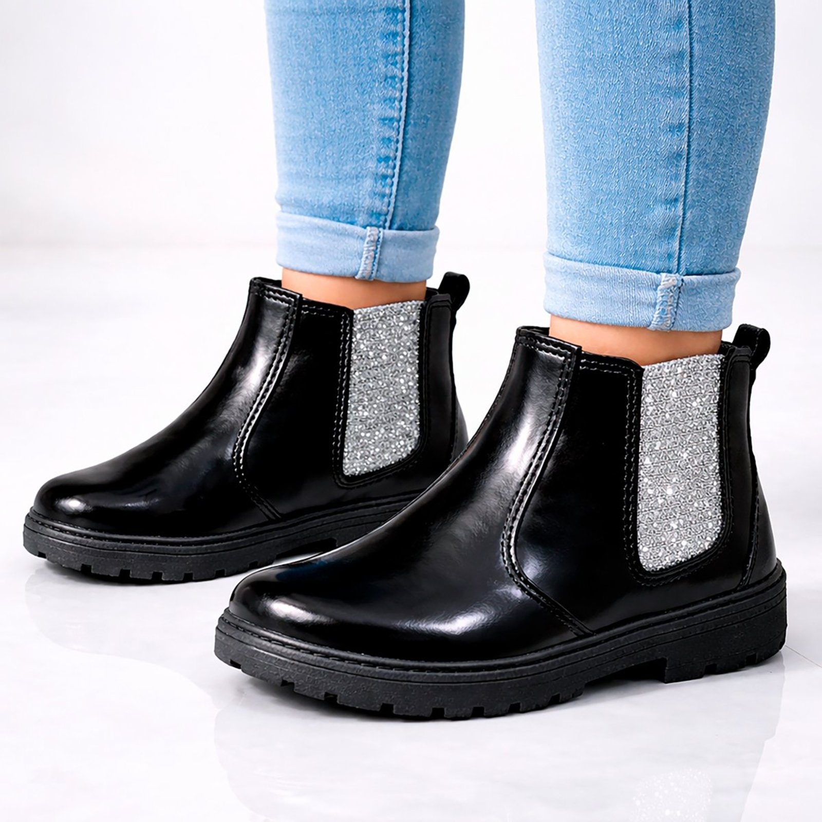 Infantil - Bota Menina Botinha Juvenil Feminina Country Preta Glitter Pepite