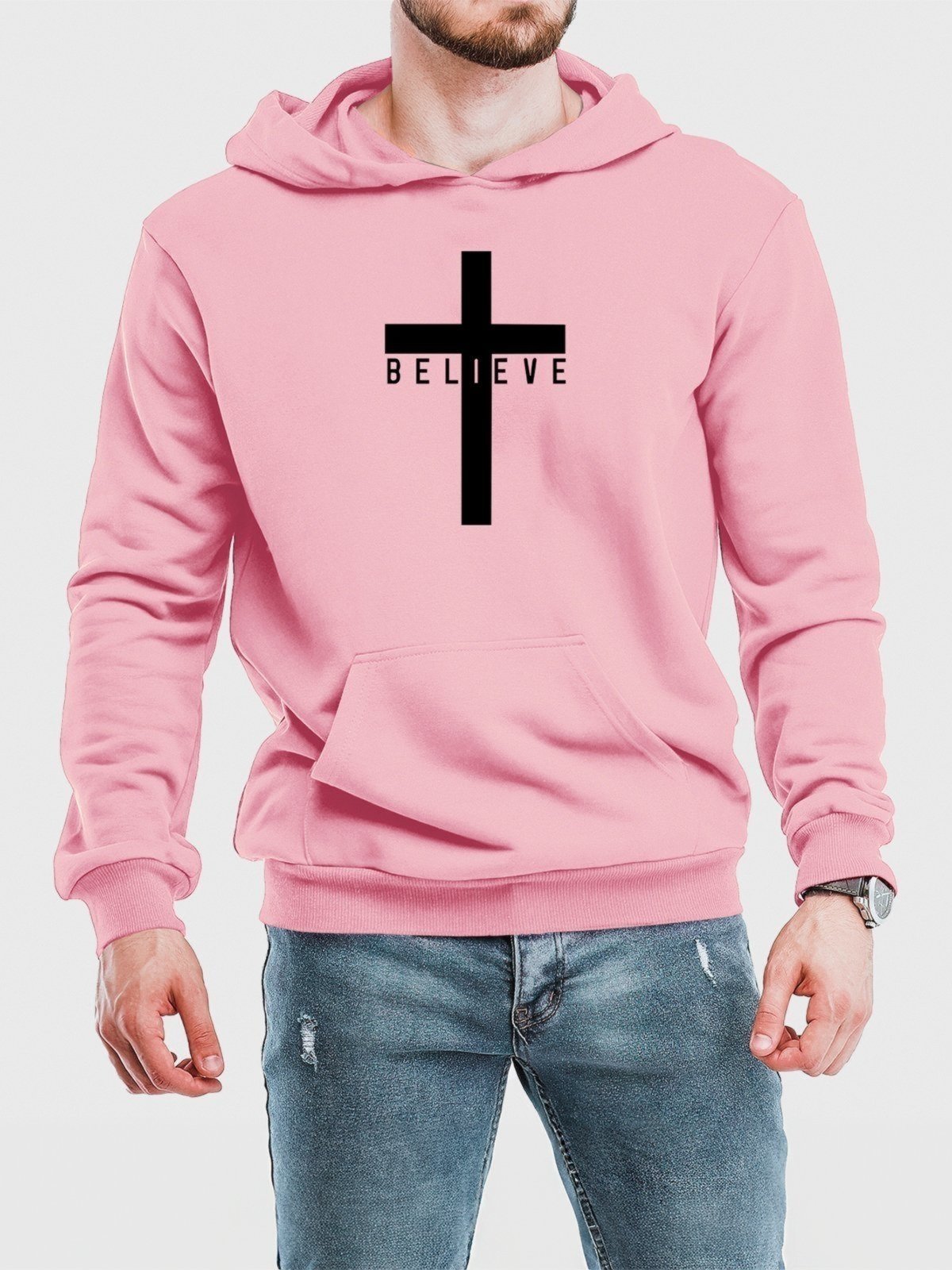Blusa de Frio Moletom Flanelado Benellys Believe Canguru Rosa Claro