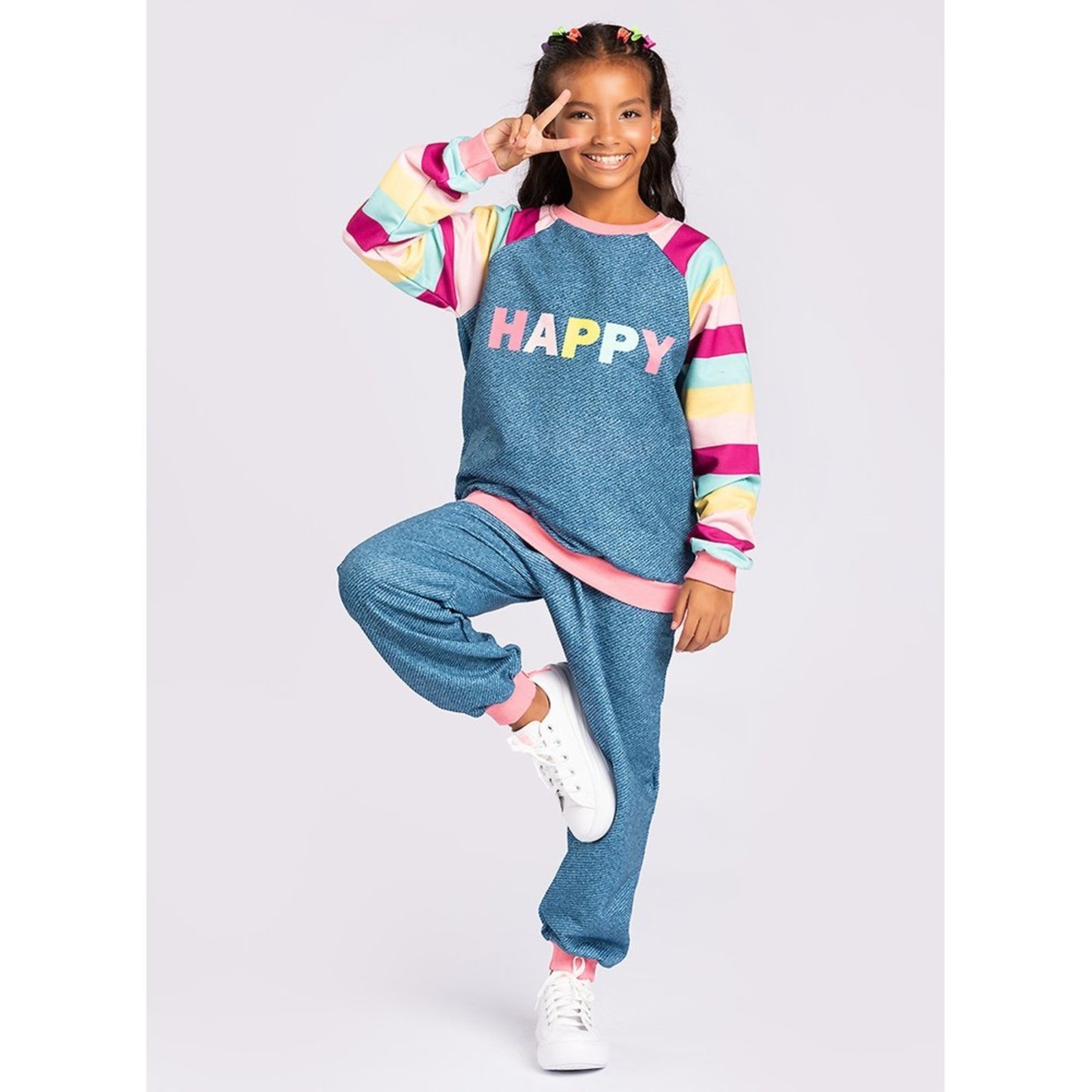 Infantil – Conjunto Blusão Raglan E Calça Em Moletom Happy