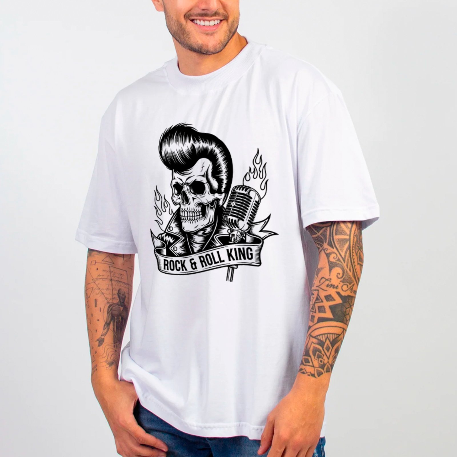 Camiseta Ousy Básica Rock And Roll King Caveira Unissex Branco