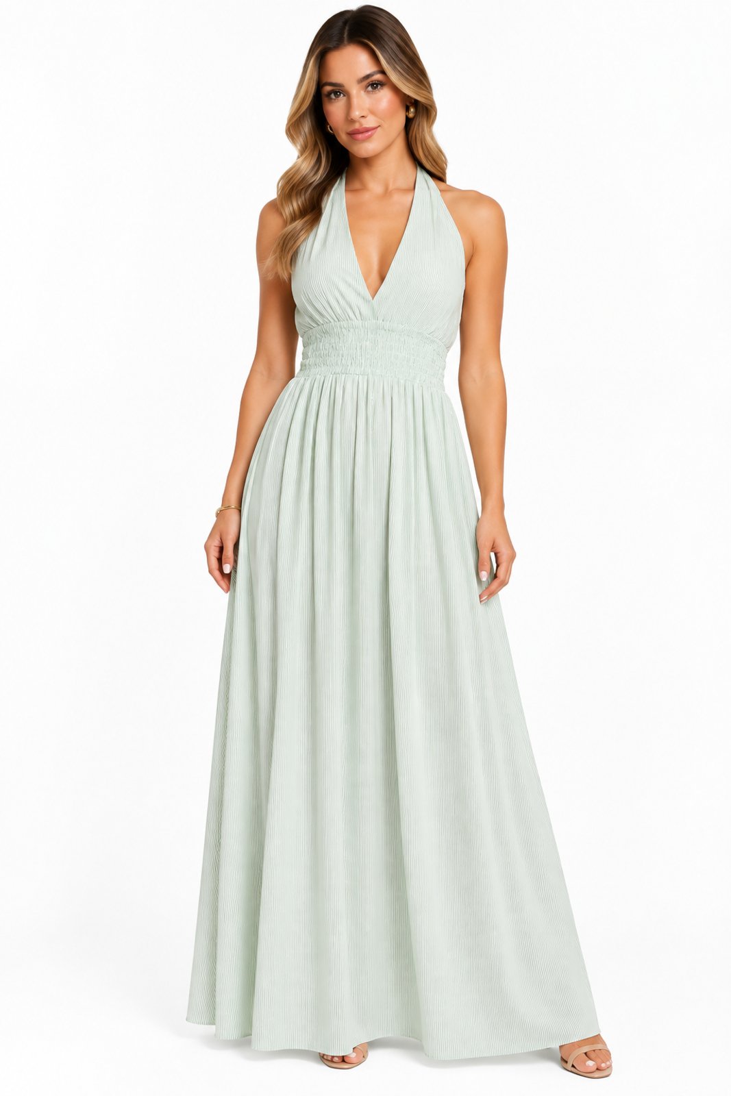 Vestido Longo D Bell Outlet Fashion Frente Única Listras Finas Verde Menta