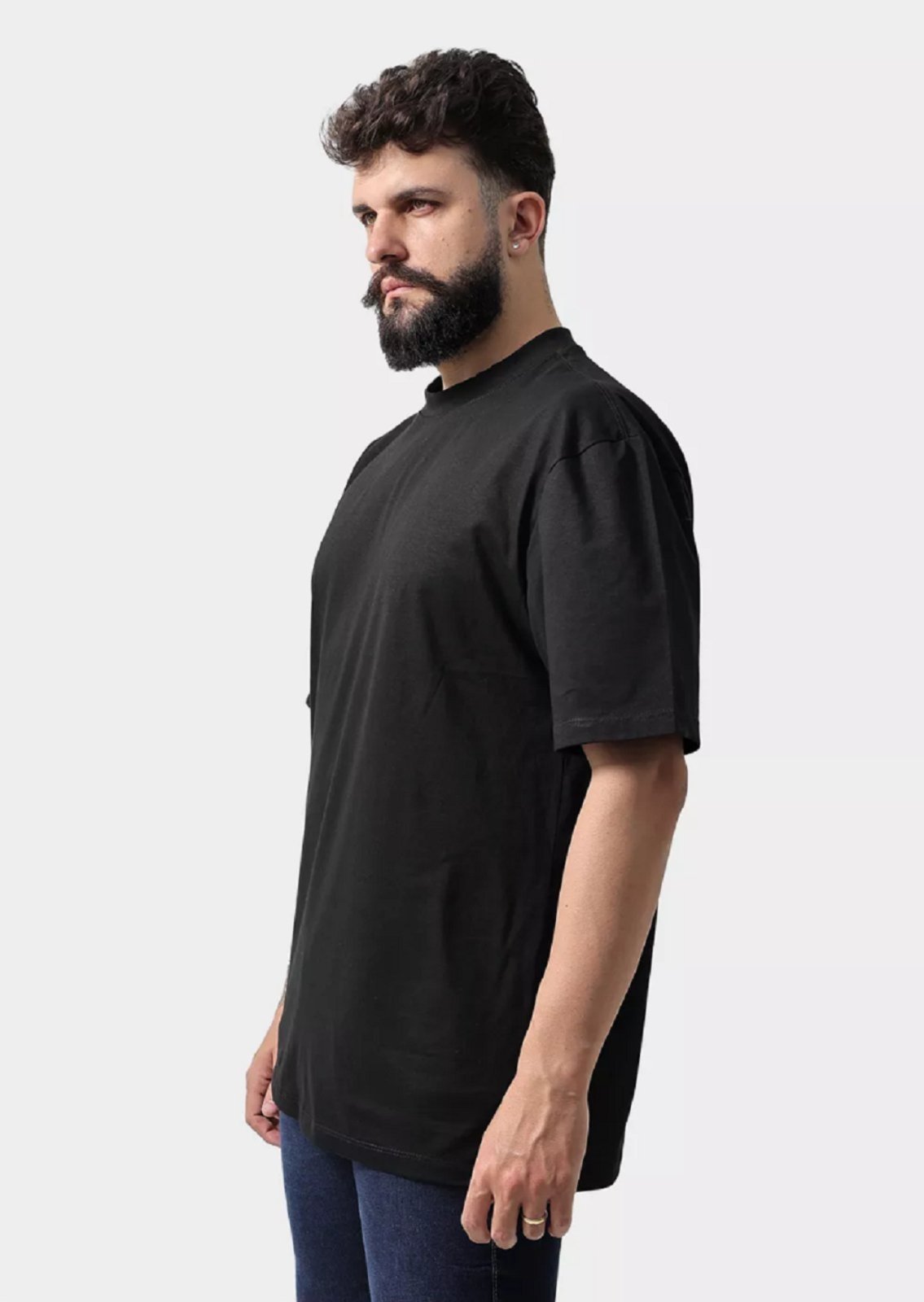Camiseta Oversized Masculina Lisa Premium Algodão Gola Alta Preto