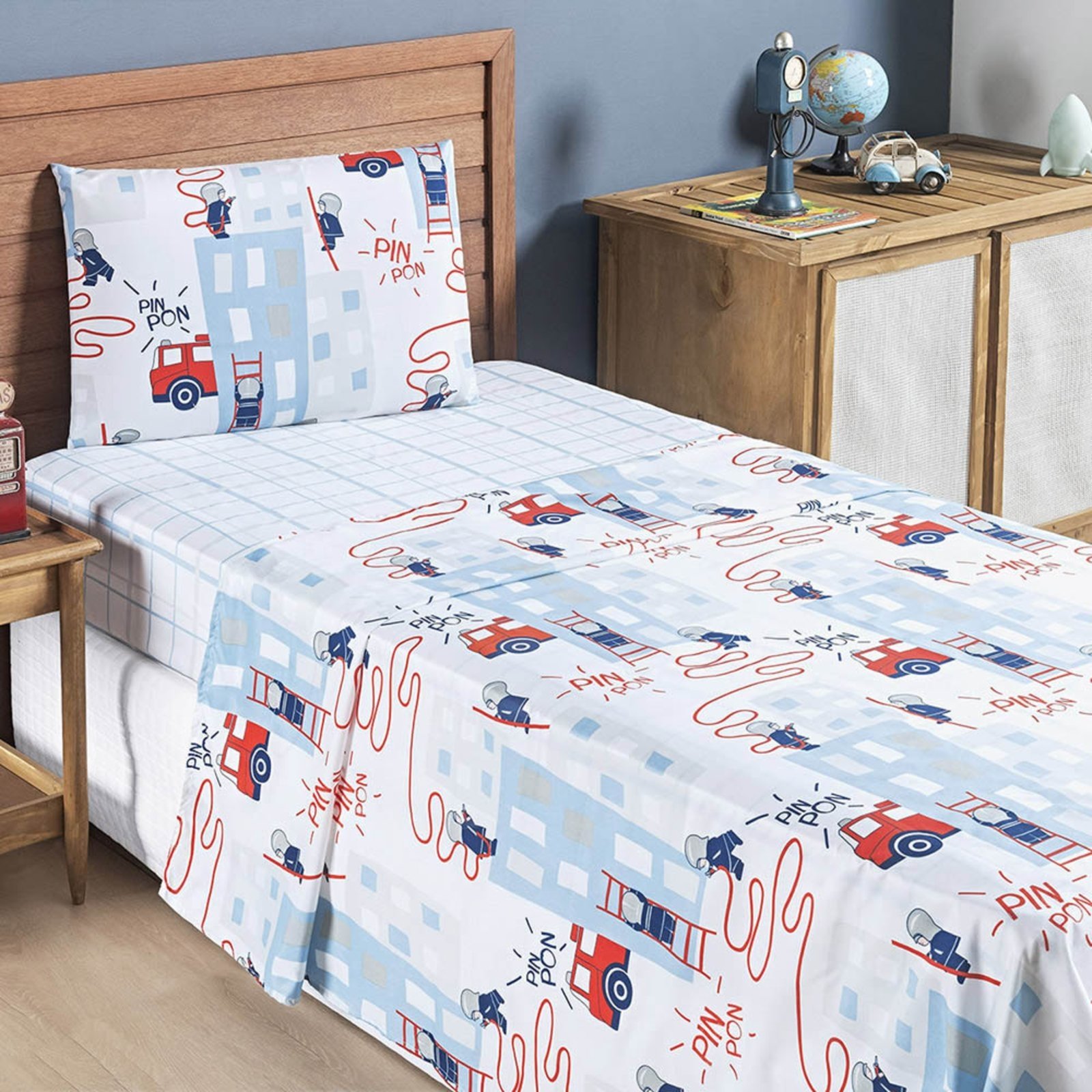 Jogo Cama Lençol Casa Scarpa Fantasy Solteiro Cama Quarto Microfibra 3 Peças Bombeiro Branco