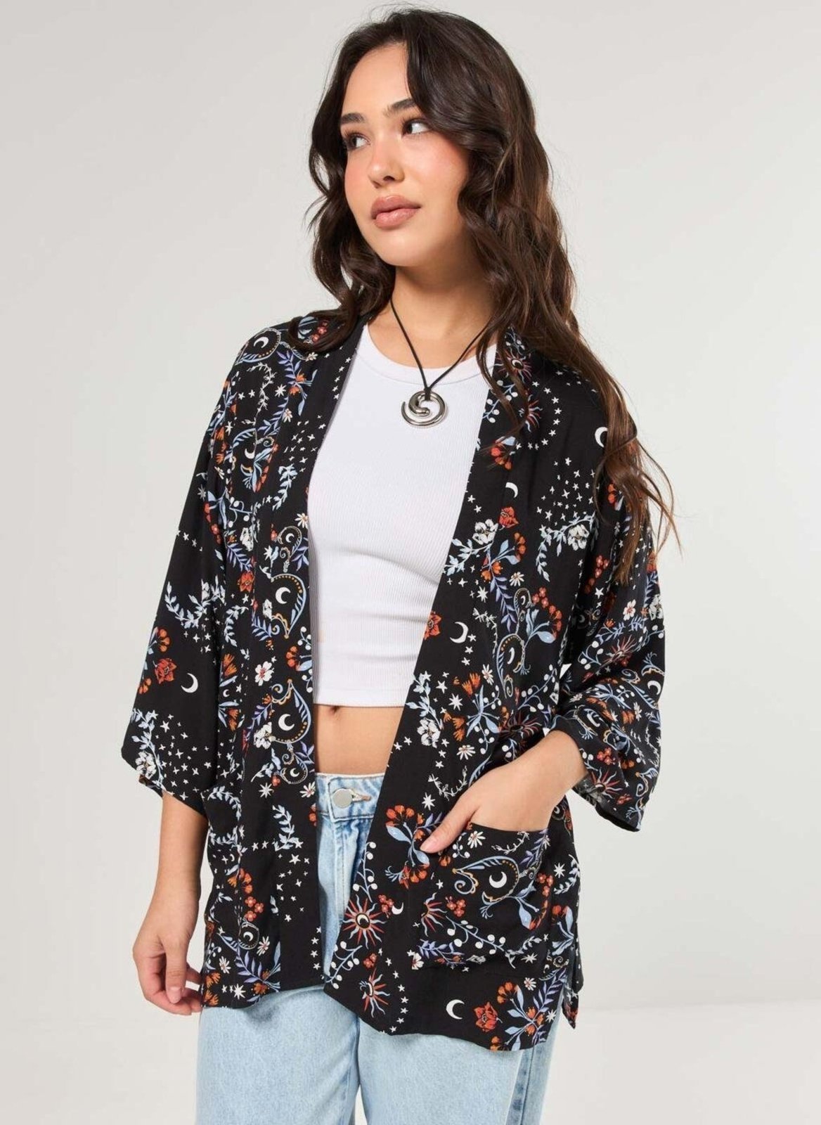 Vista 2 Kimono Preto Estampa Florida Youcom estampado Youcom estampado