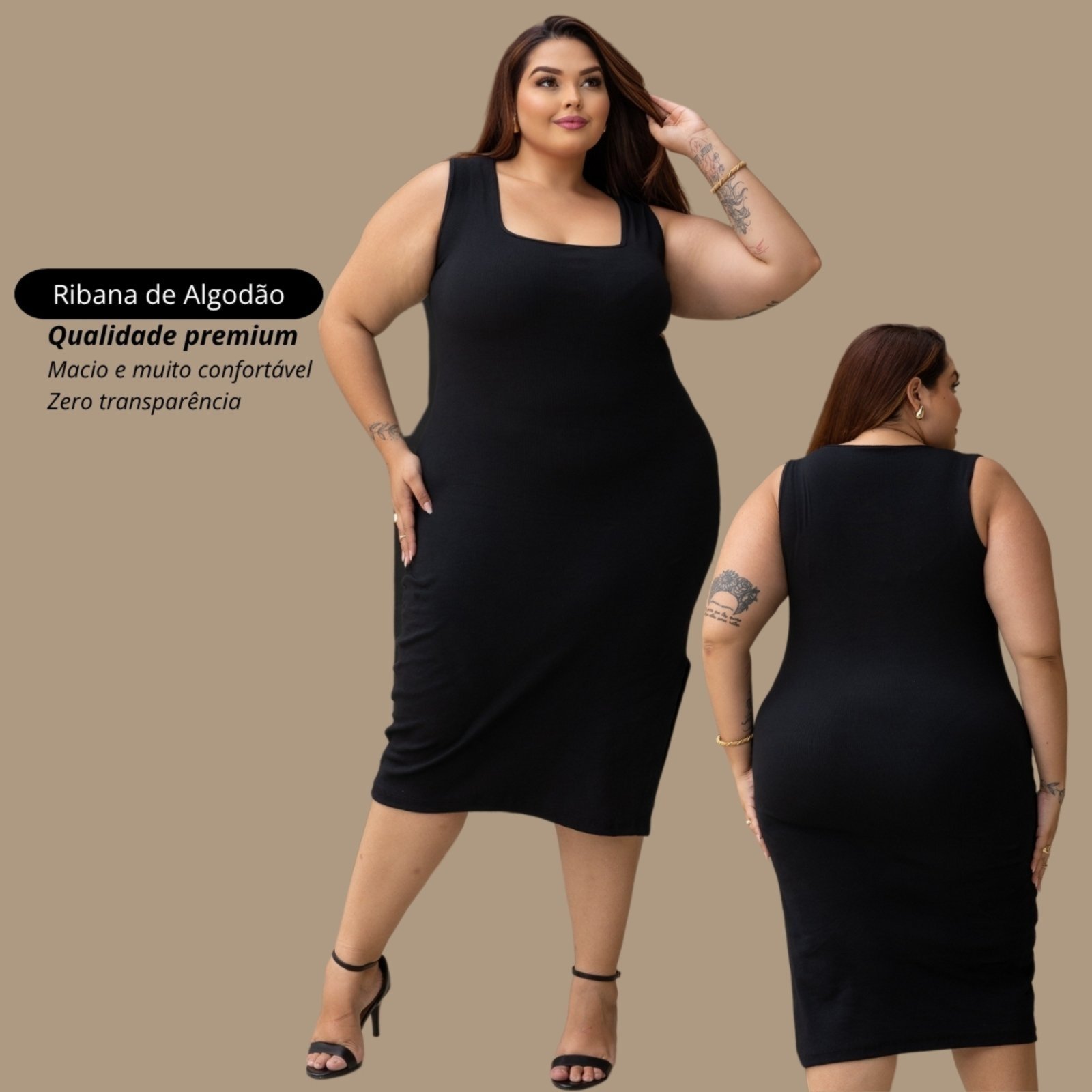 Vestido Garota Urbana Fashion Plus Size Preto feminino Ribana canelado premium sem manga