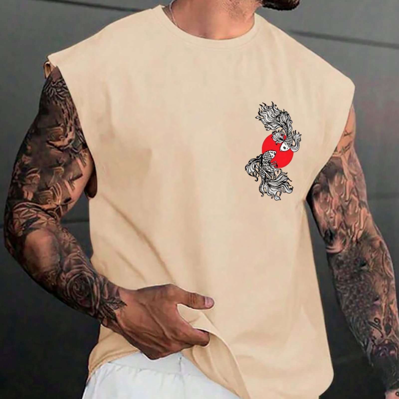 Camiseta Regata Machão Ousy Peixes Koi e Sol Nascente Oversized Masculina Off White