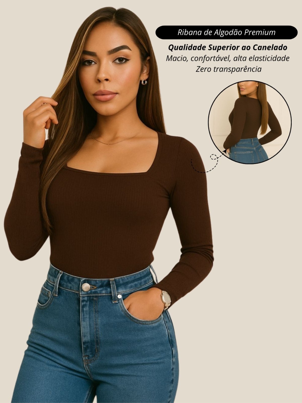 Blusa feminino cacharrel café Garota Urbana Fashion Outono inverno casual diario basico ribana canelado algodão