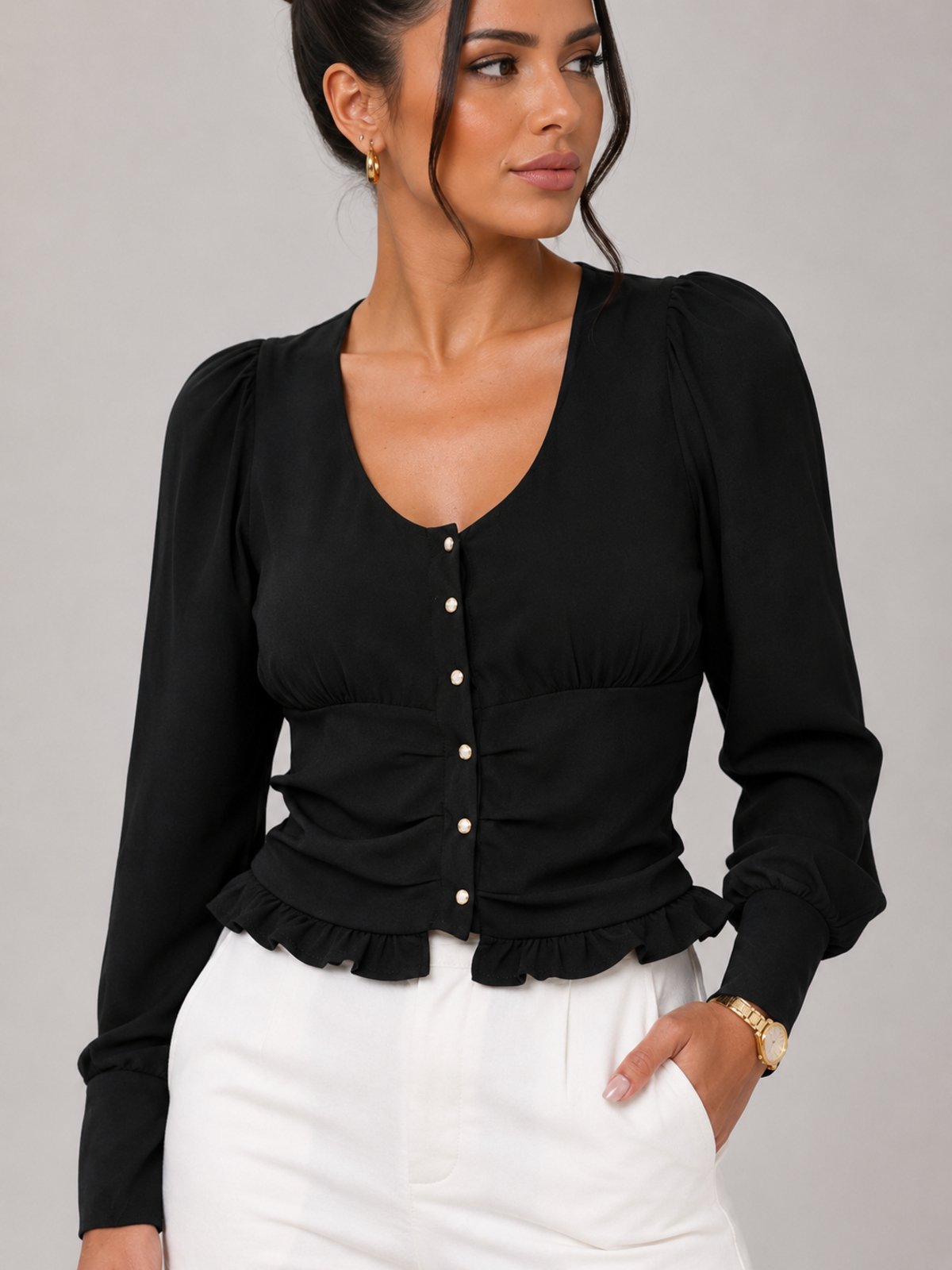 Blusa Manga Longa Feminina Lapetry Preta Punho Duplo com Botões
