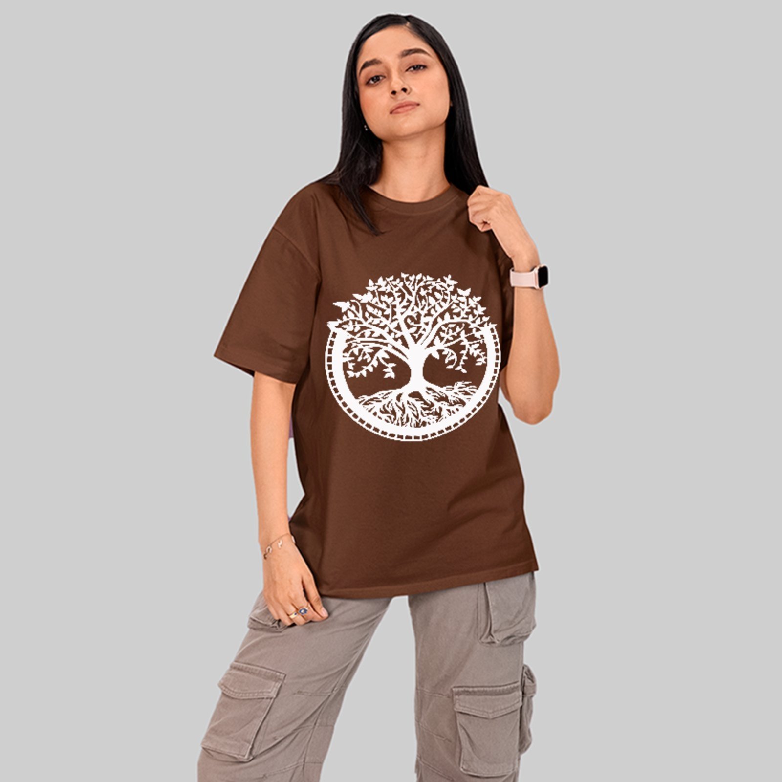 Camiseta Oversized Premium Árvore da Vida Minimalista Unissex Marrom