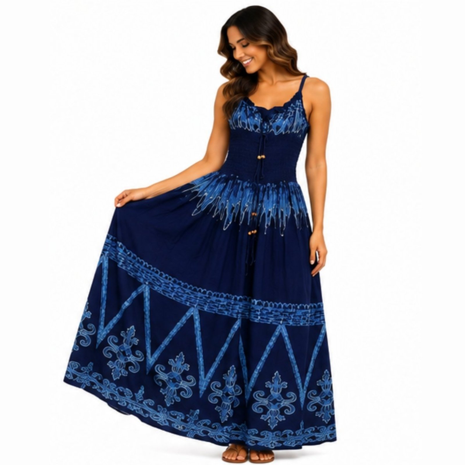 Vestido Feminino Longo de Alça com Lastex Estilo Boho Indiano Azul Marinho