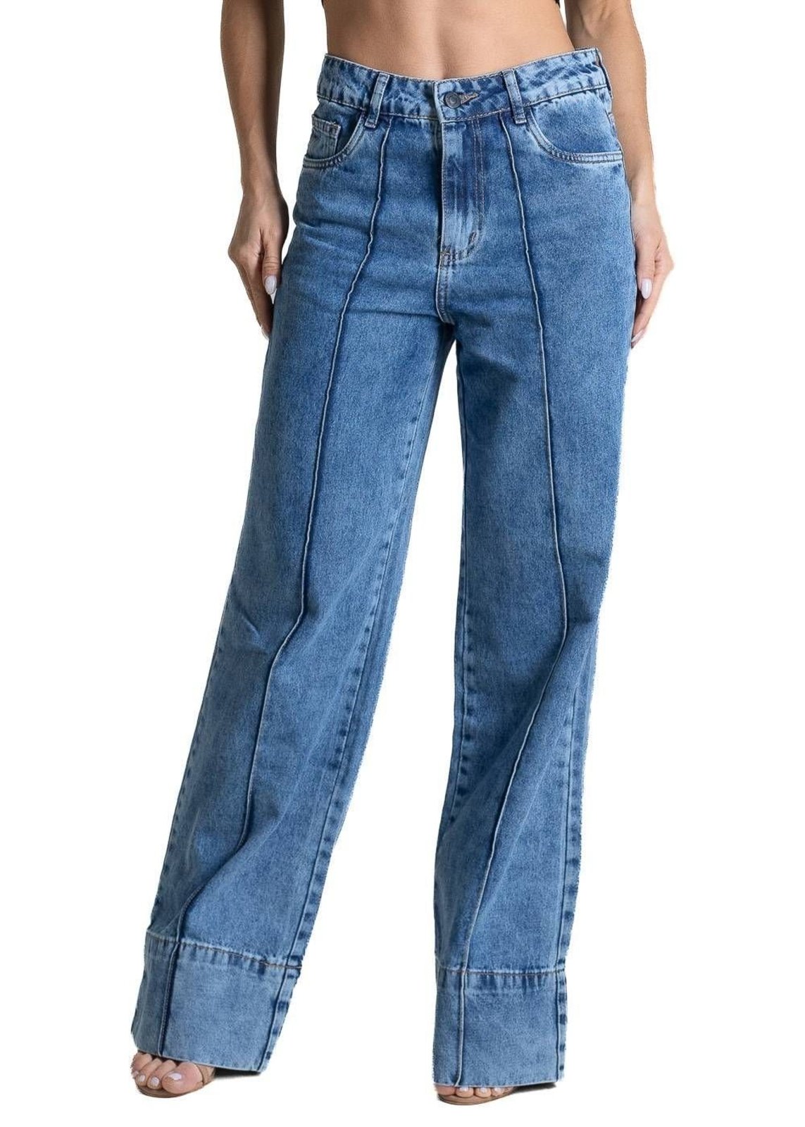 Calça Jeans Sawary Wide Leg Barra Dobrável - 284054 - Azul - Sawary