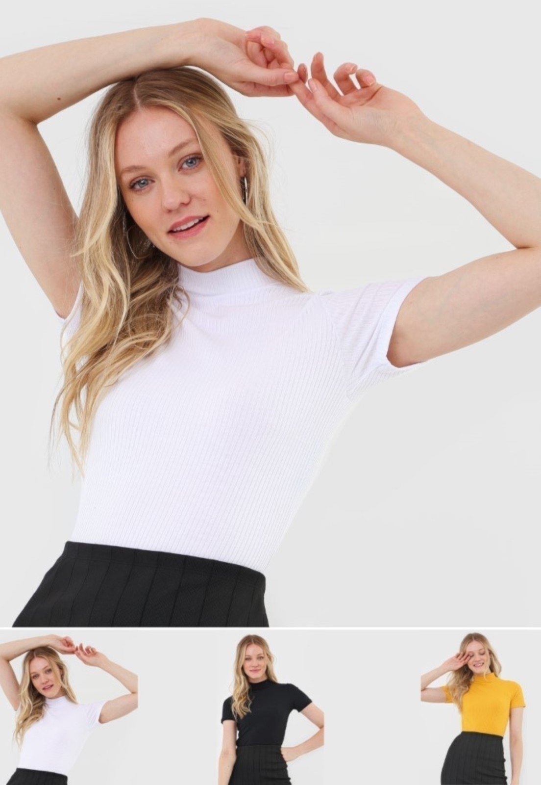Kit 3 Blusas Salvatore Gola Alta Comfy Malha Canelada Preta, Branca e Mostarda