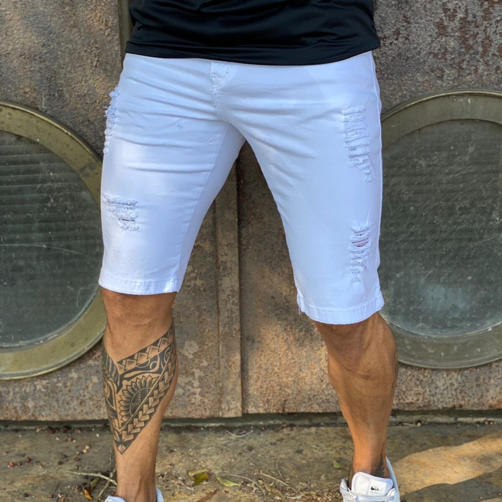 Bermuda Moda Masculina Com Rasgo Branca Sarja