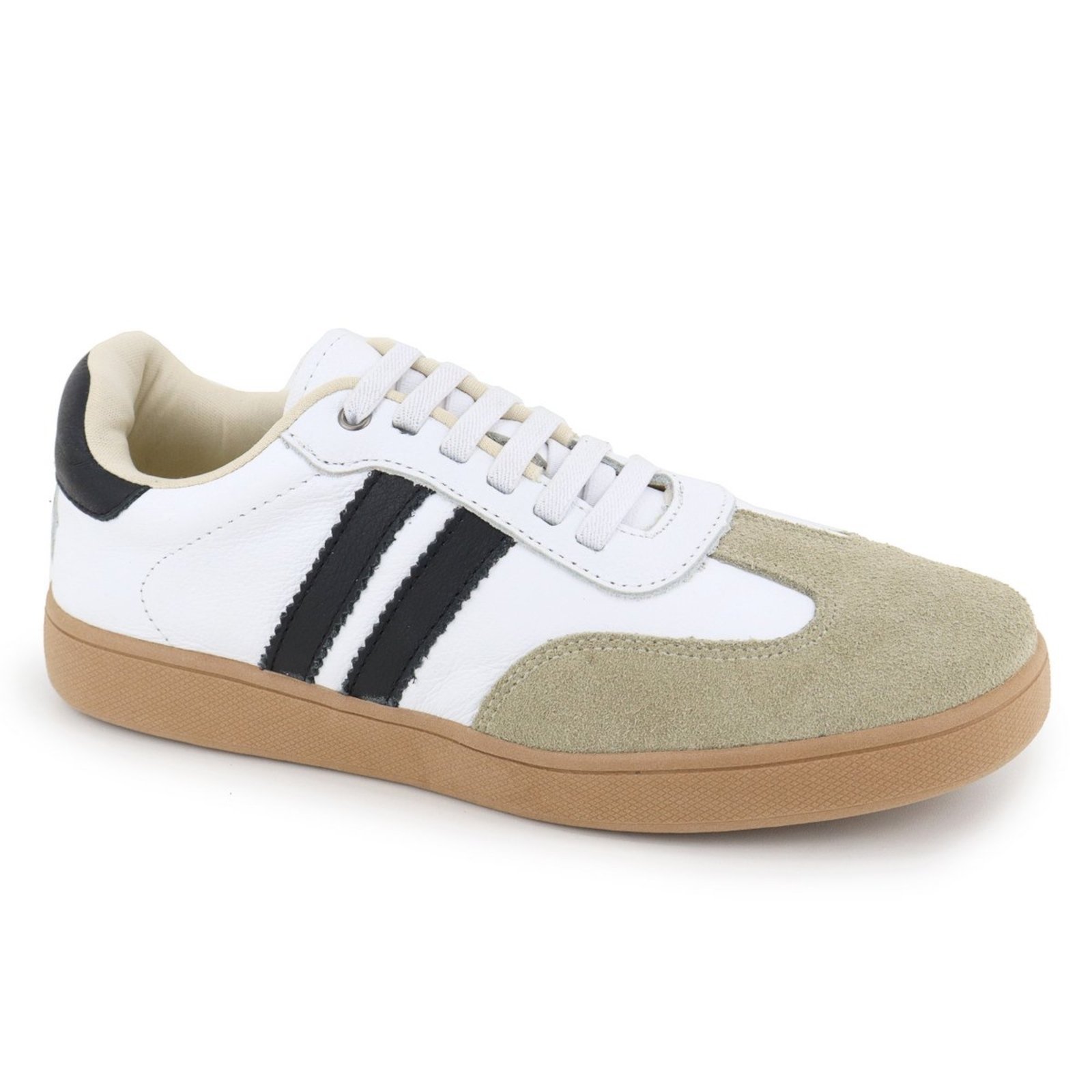 Tênis Casual Feminino Branco com Listras Pretas e Recorte em Camurça