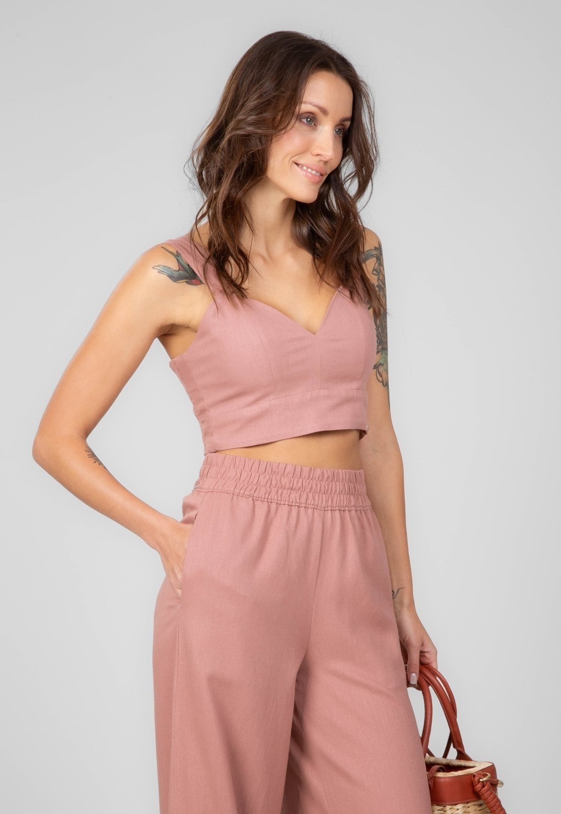 Top Linho Traymon Com Lastex Rosa Velho