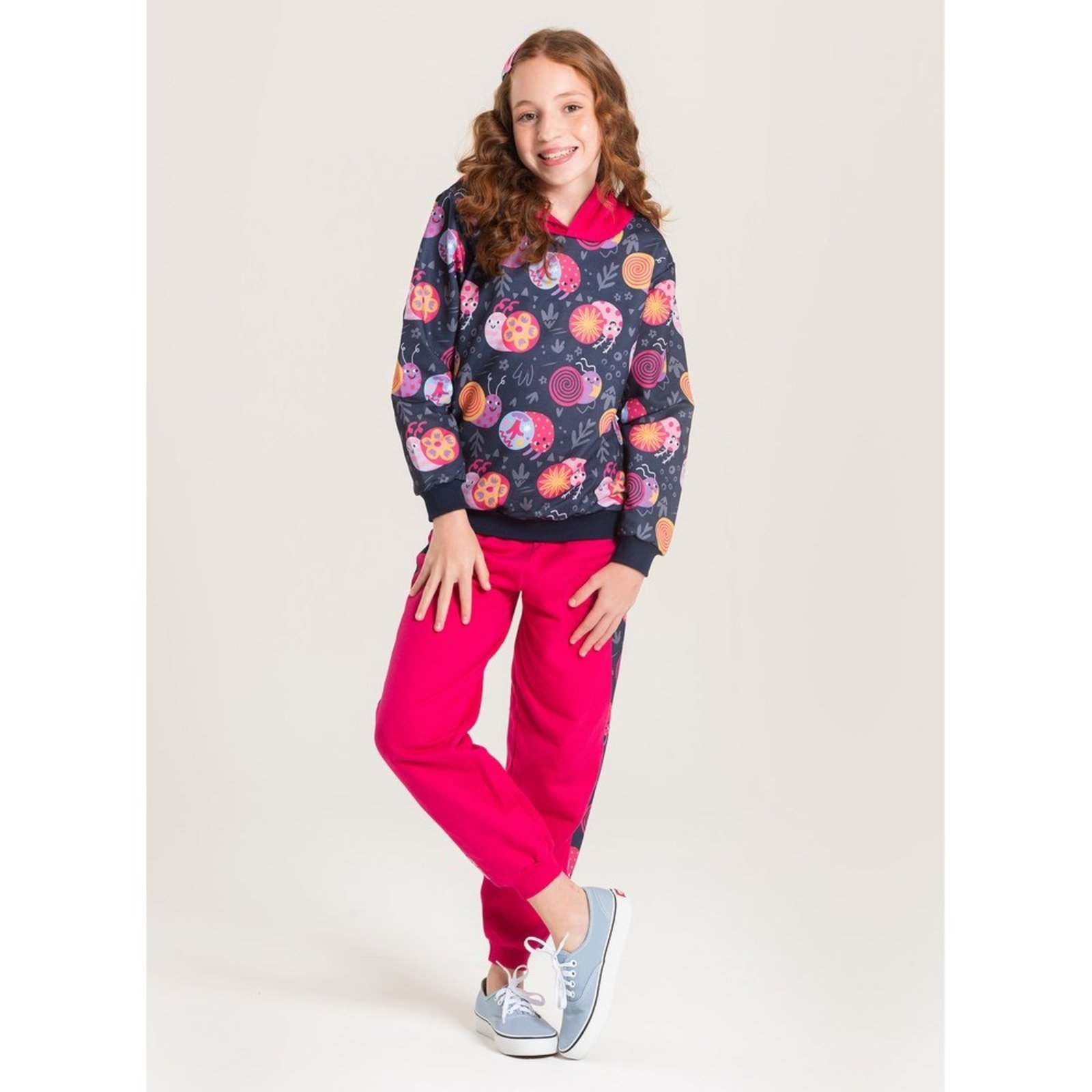 Vista 2 Infantil - Conjunto Inverno Menina Marinho Blusão e Calça em Moletom Caracóis Coloridos Molekada azul Molekada azul