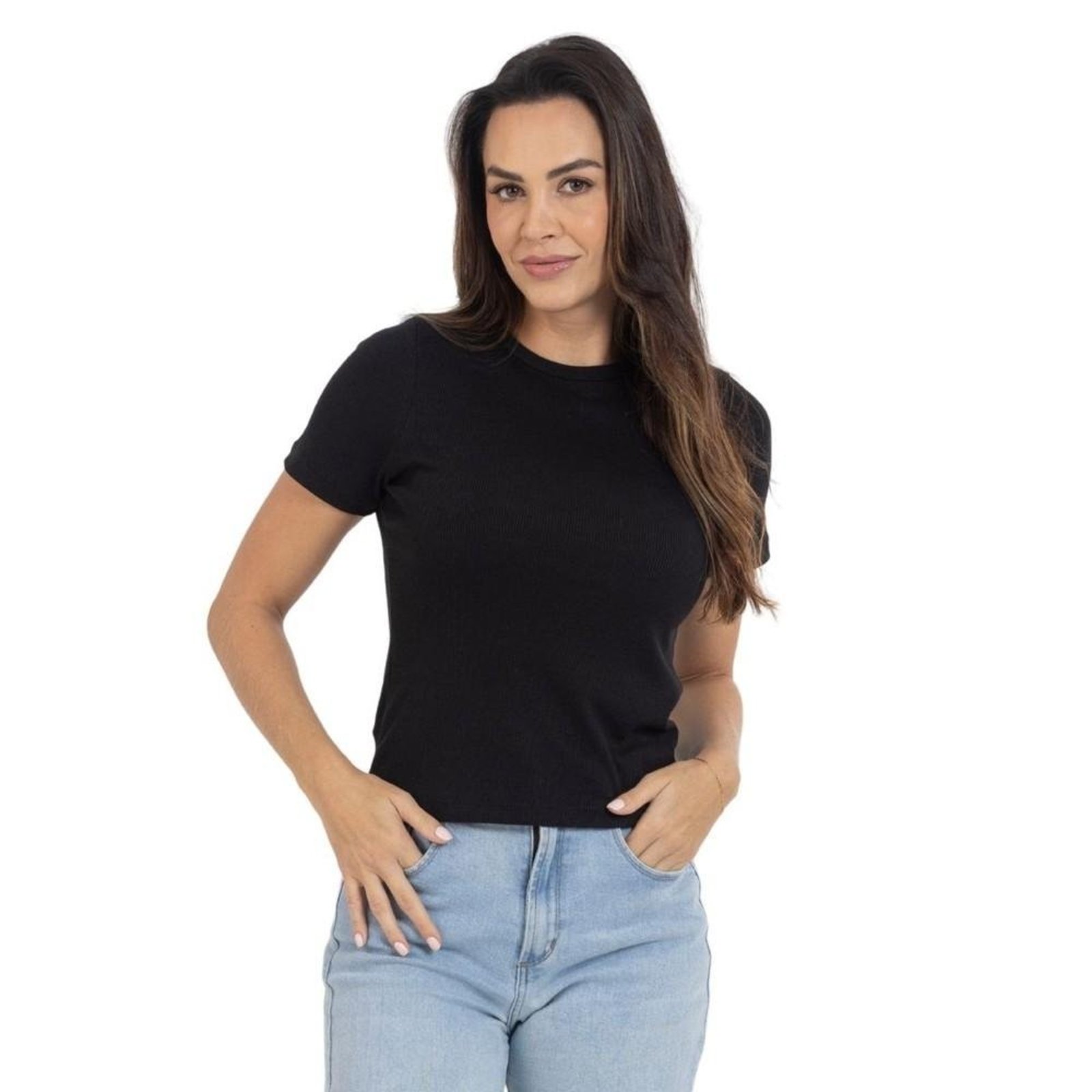 Blusa Feminina Ribana Canelada Manga Curta Confortável Básica