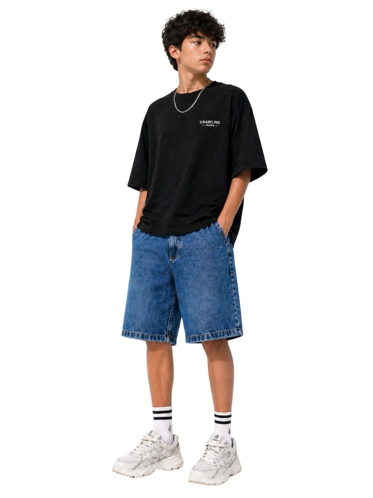 Infantil - Bermuda Baggy Jeans Crawling Juvenil Masculina Lavagem Escura
