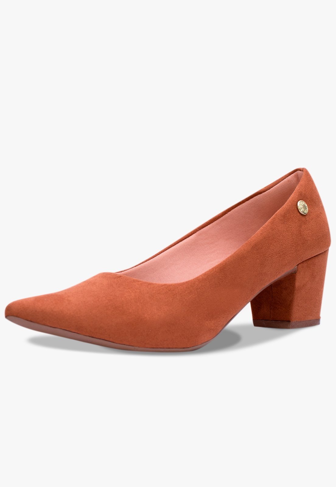 Scarpin Feminino Takata Salto Baixo Grosso Bloco Bico Fino Camurça Caramelo
