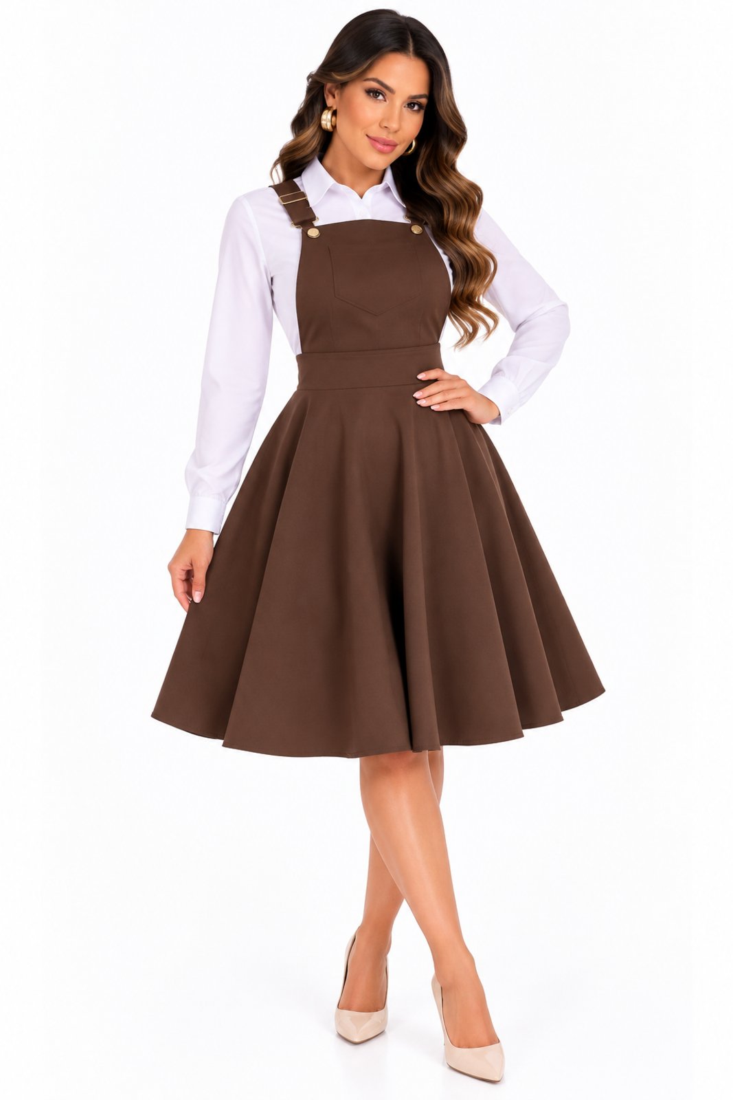Jardineira D Bell Outlet Fashion Midi Evase em Sarja Marrom