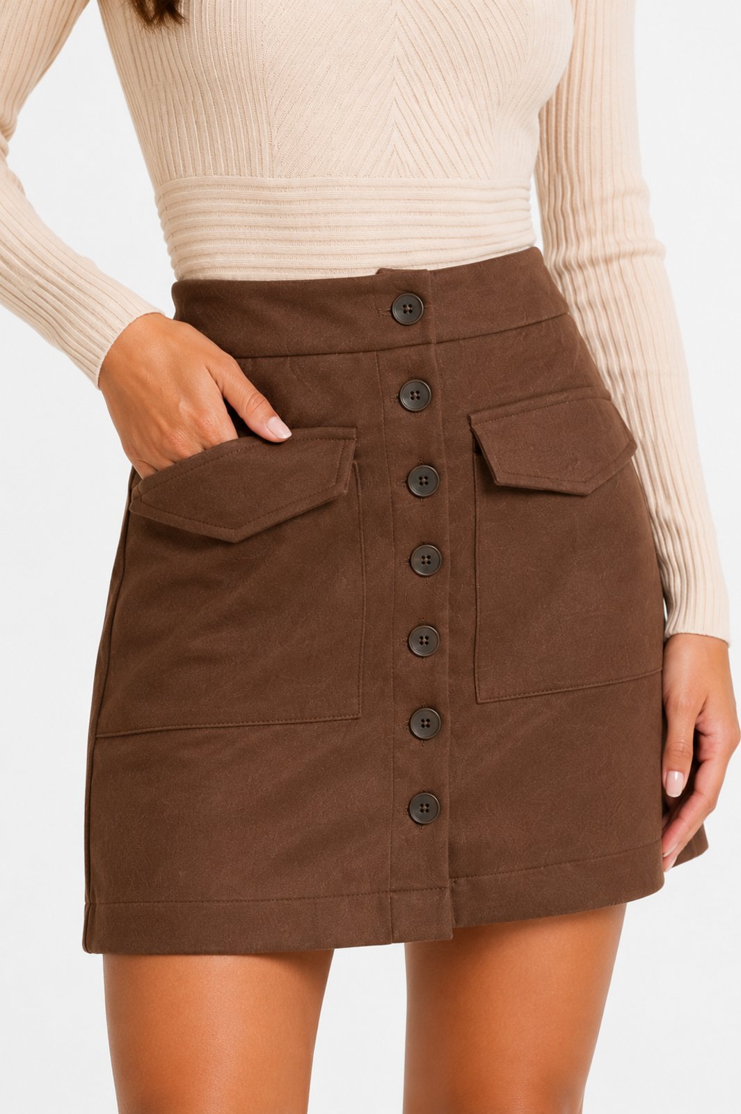 Mini Saia Lapetry Feminina em Suede com Bolsos Frontais e Lapela Marrom