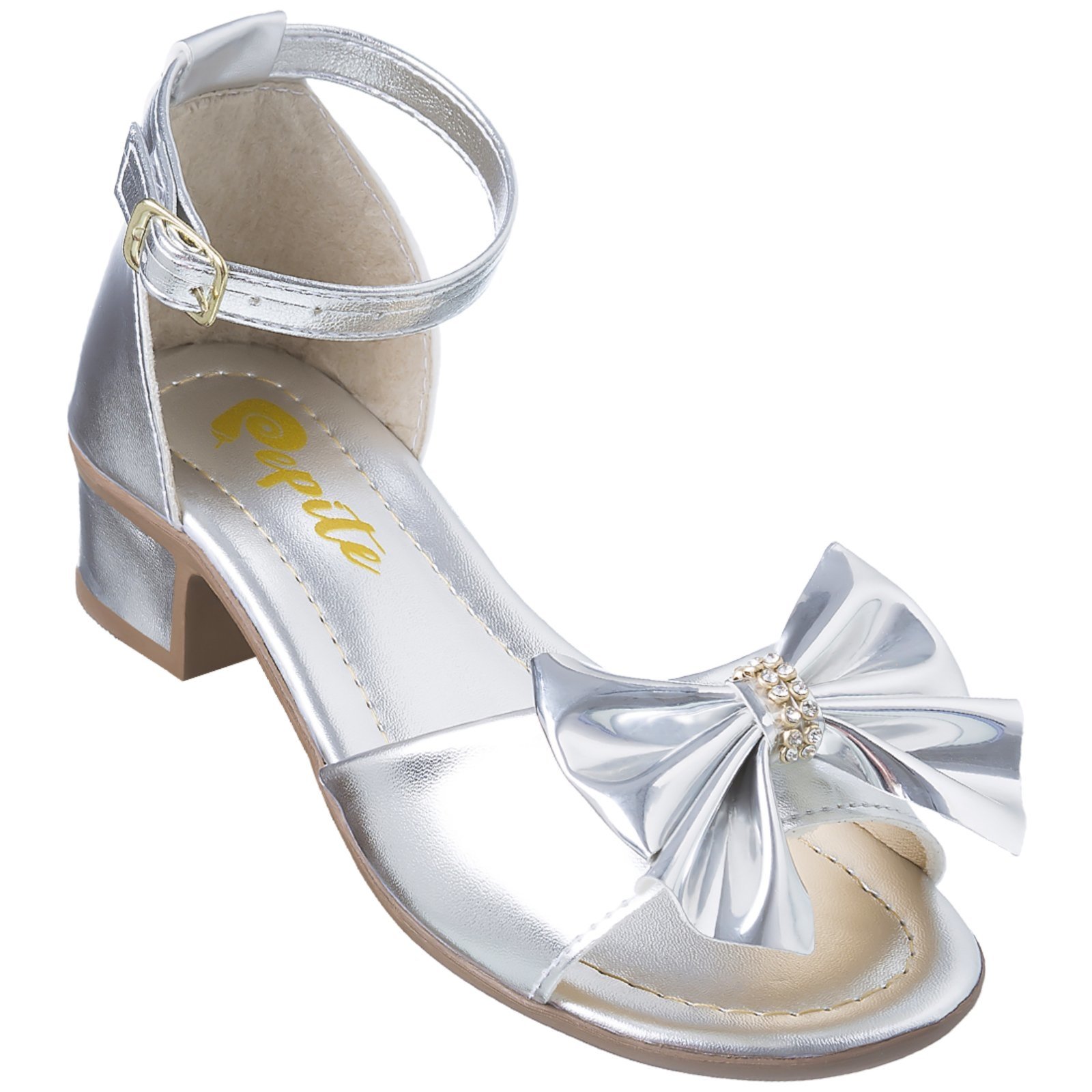 Infantil – Sandália Feminina Com Salto Pepite Prata Laço Strass